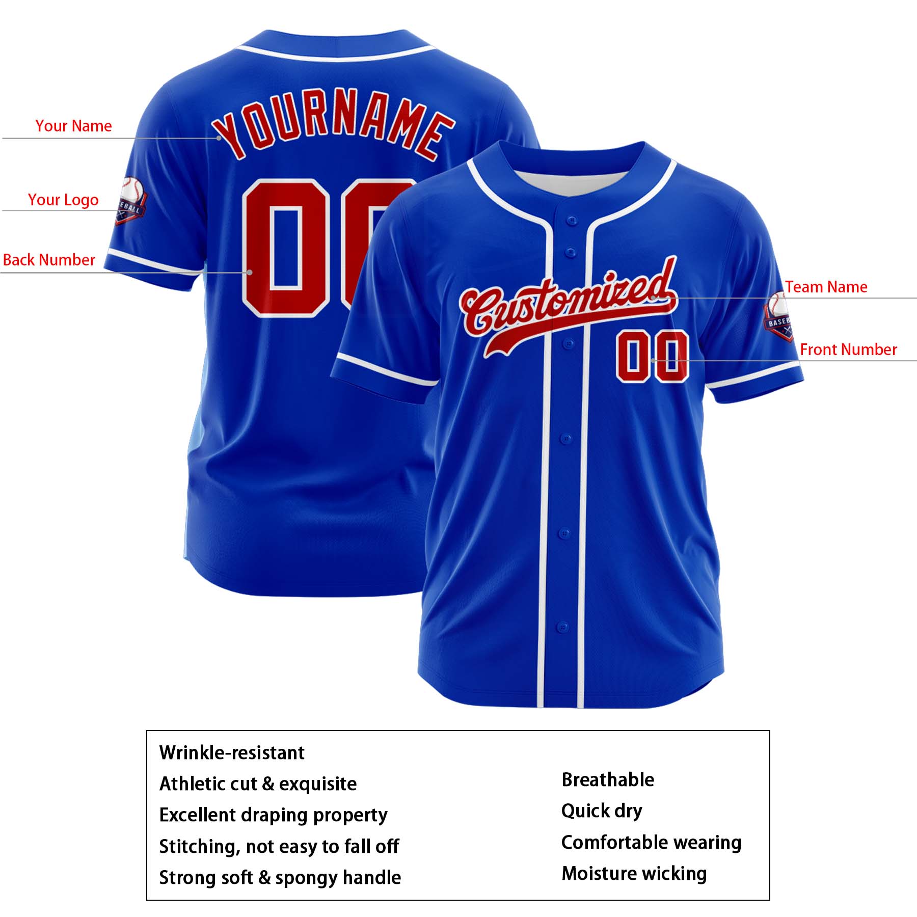 Custom Personalized Blue Red White Fashion Design Full Button Authentic Baseball Jersey