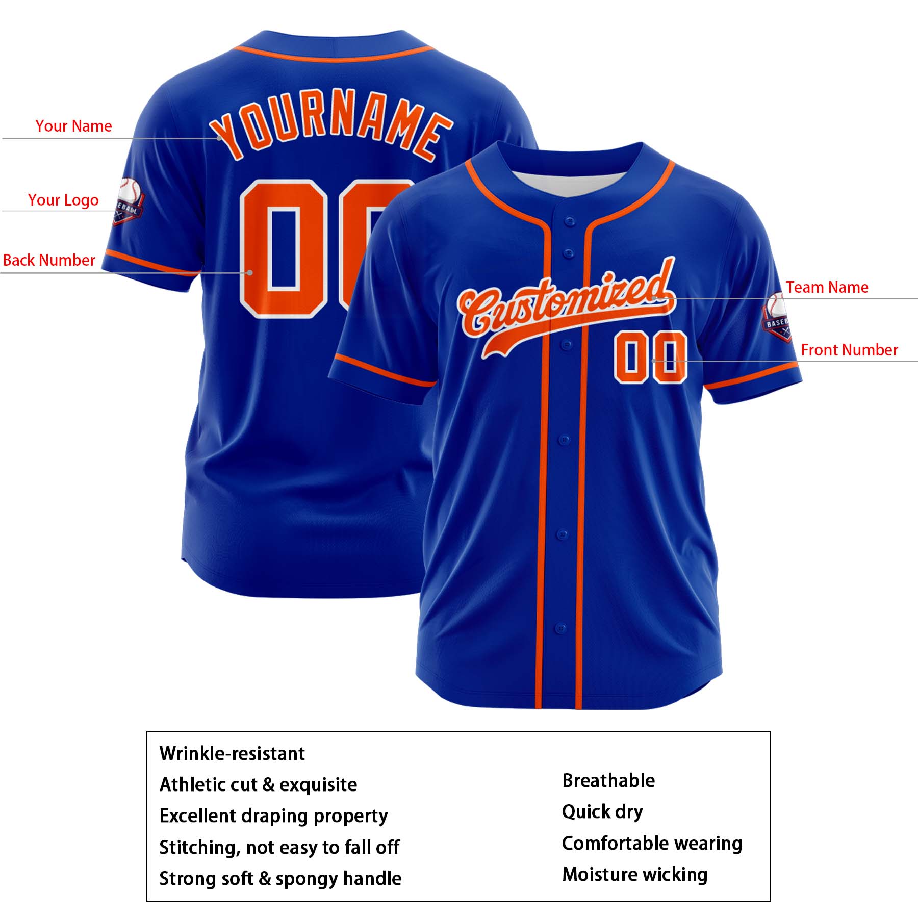 Custom Personalized Blue Orange White Fashion Design Full Button Authentic Baseball Jersey