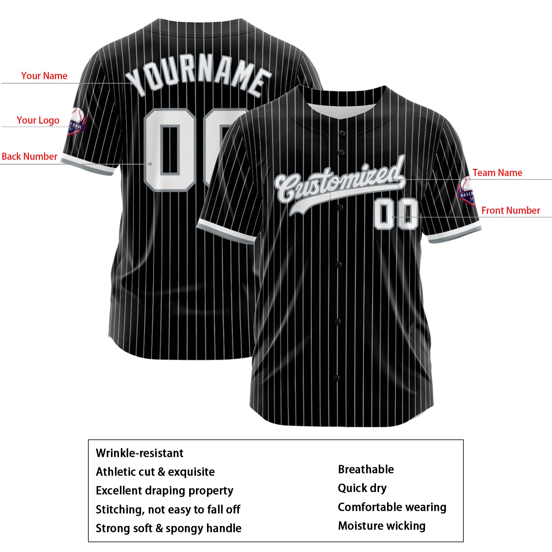 Custom Personalized Stripe Black Gray Fashion Design Full Button Authentic Baseball Jersey