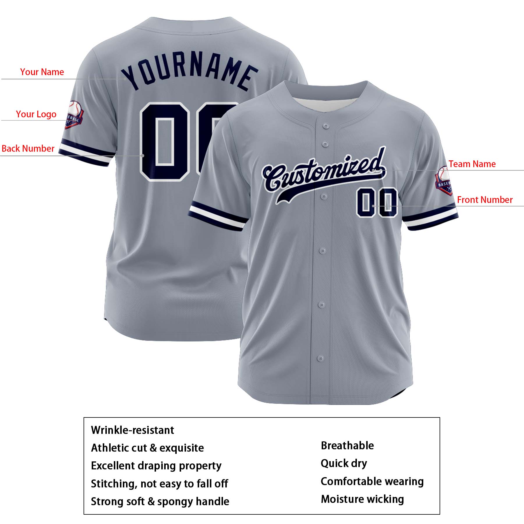 Custom Personalized Gray Navy White Fashion Design Full Button Authentic Baseball Jersey
