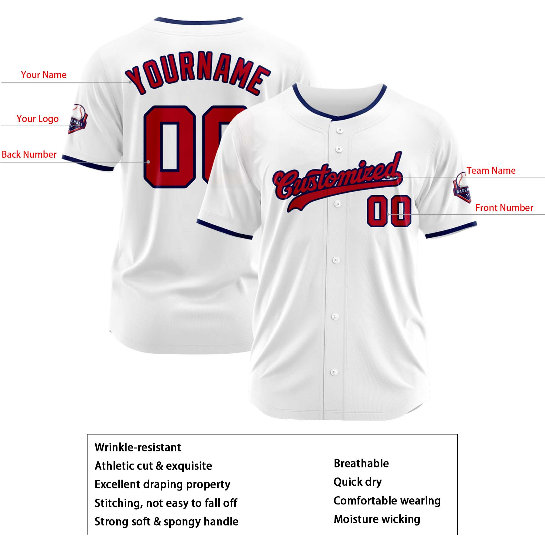 Custom Personalized White Red Navy Fashion Design Full Button Authentic Baseball Jersey