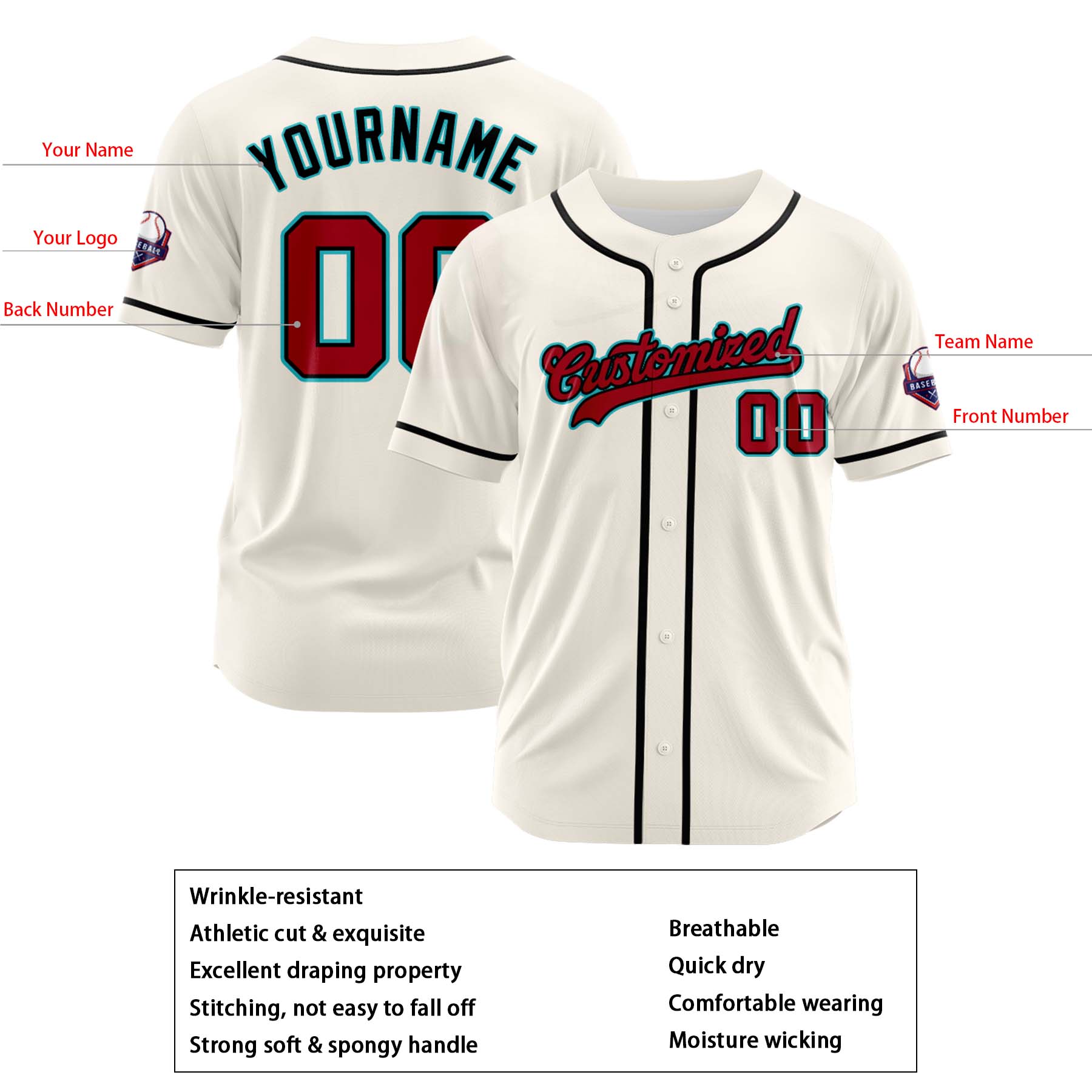Custom Personalized Cream Red Black Fashion Design Full Button Authentic Baseball Jersey