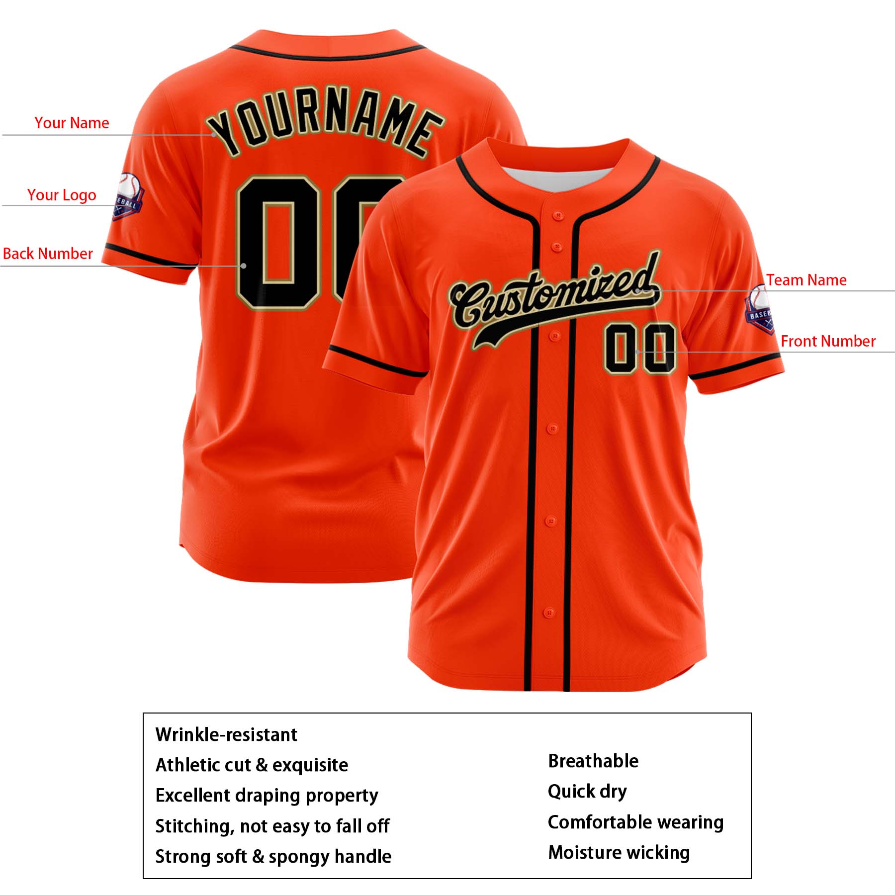 Custom Personalized Orange Black Fashion Design Full Button Authentic Baseball Jersey
