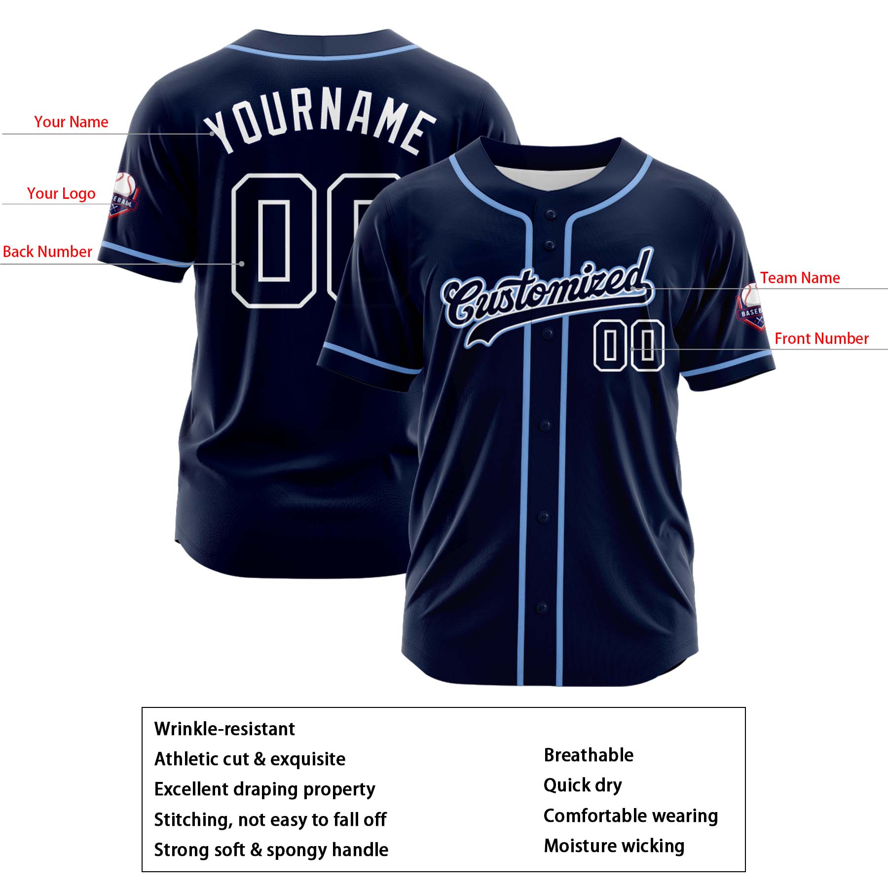 Custom Personalized Navy White Fashion Design Full Button Authentic Baseball Jersey