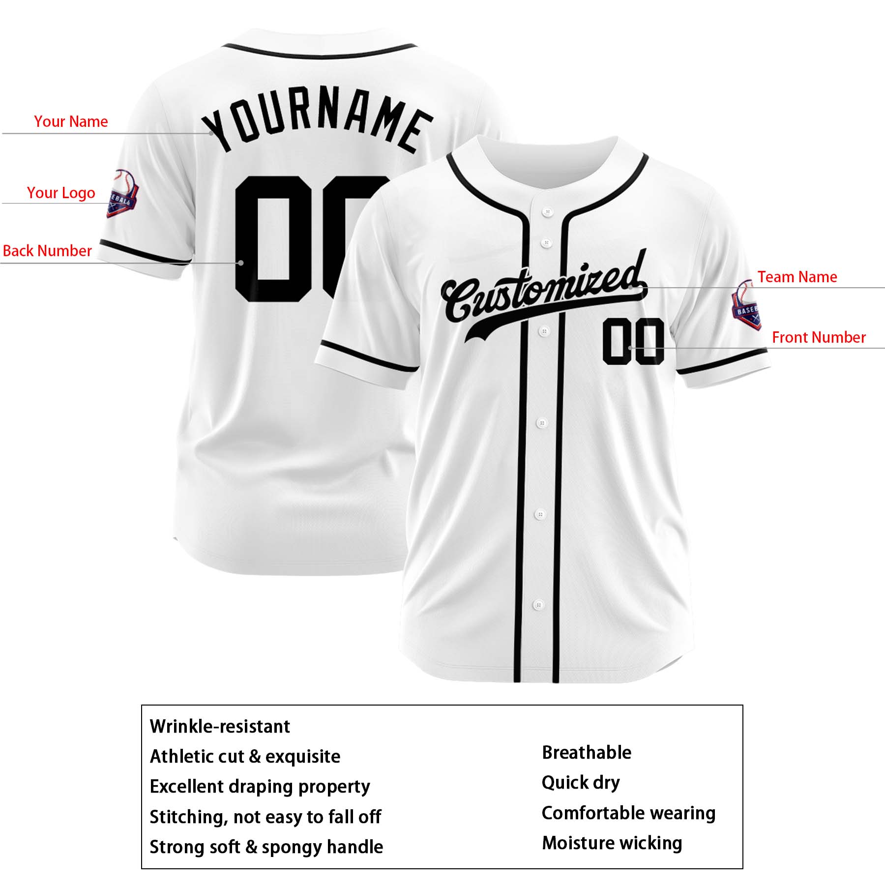 Custom Personalized White Black Fashion Design Full Button Authentic Baseball Jersey