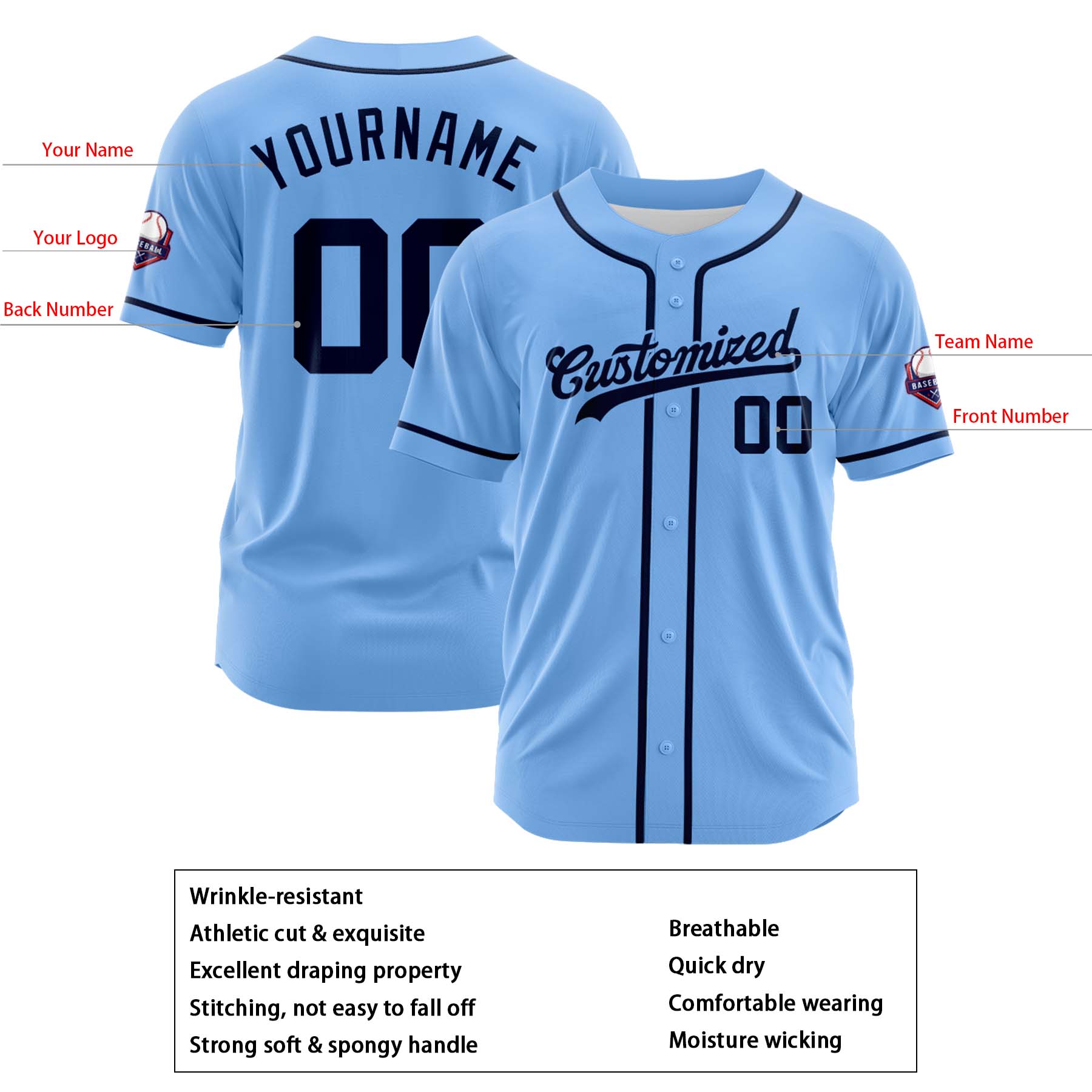 Custom Personalized Light Blue Navy Fashion Design Full Button Authentic Baseball Jersey