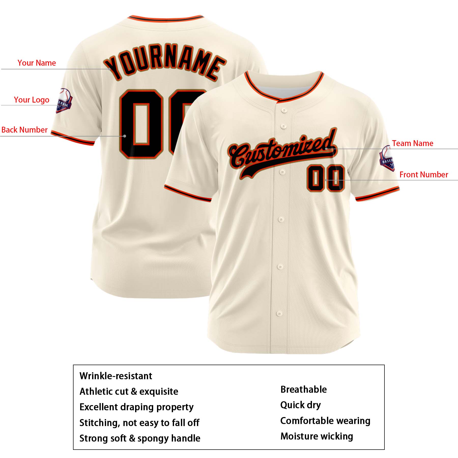Custom Personalized Cream Black Red Fashion Design Full Button Authentic Baseball Jersey