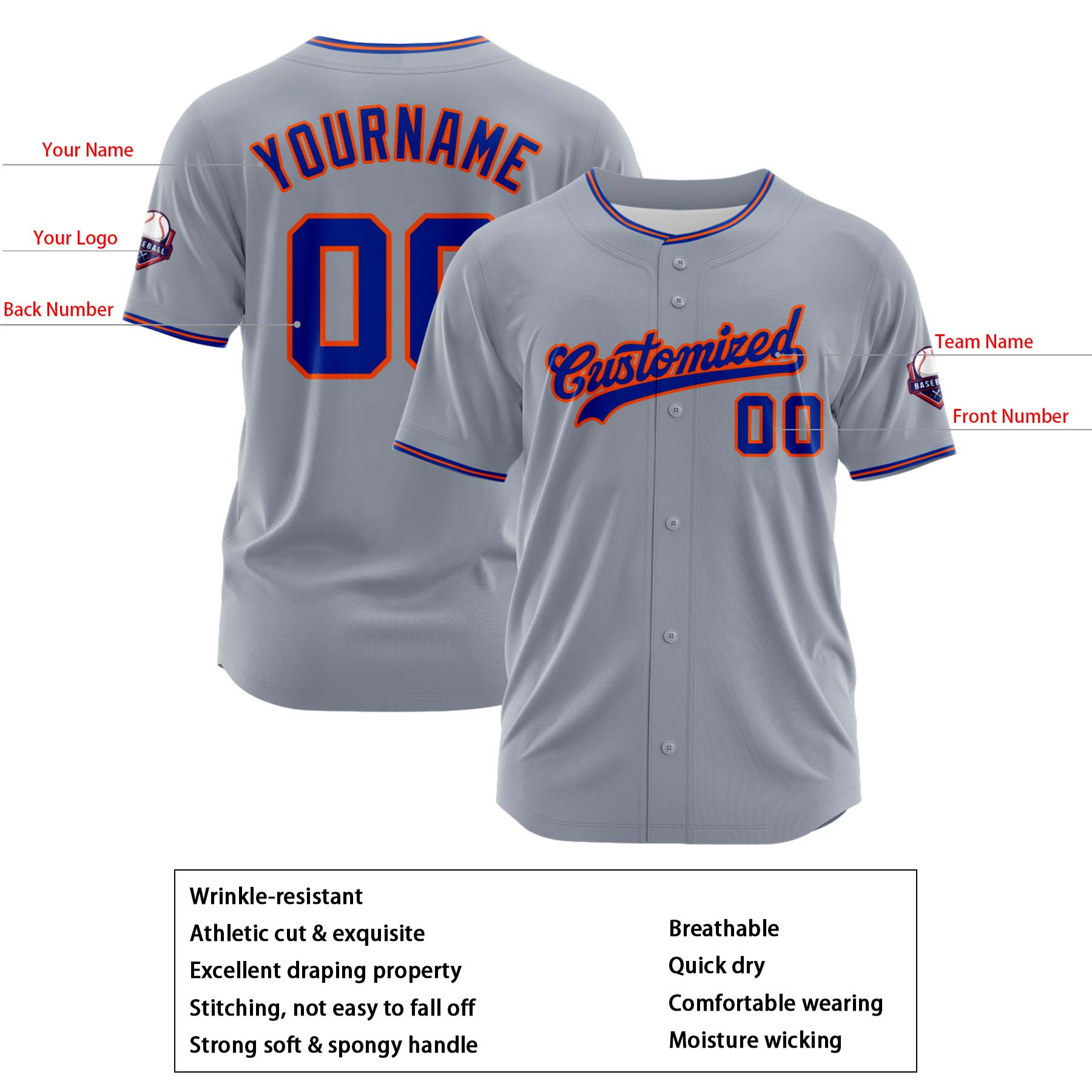 Custom Personalized Gray Blue Fashion Design Full Button Authentic Baseball Jersey