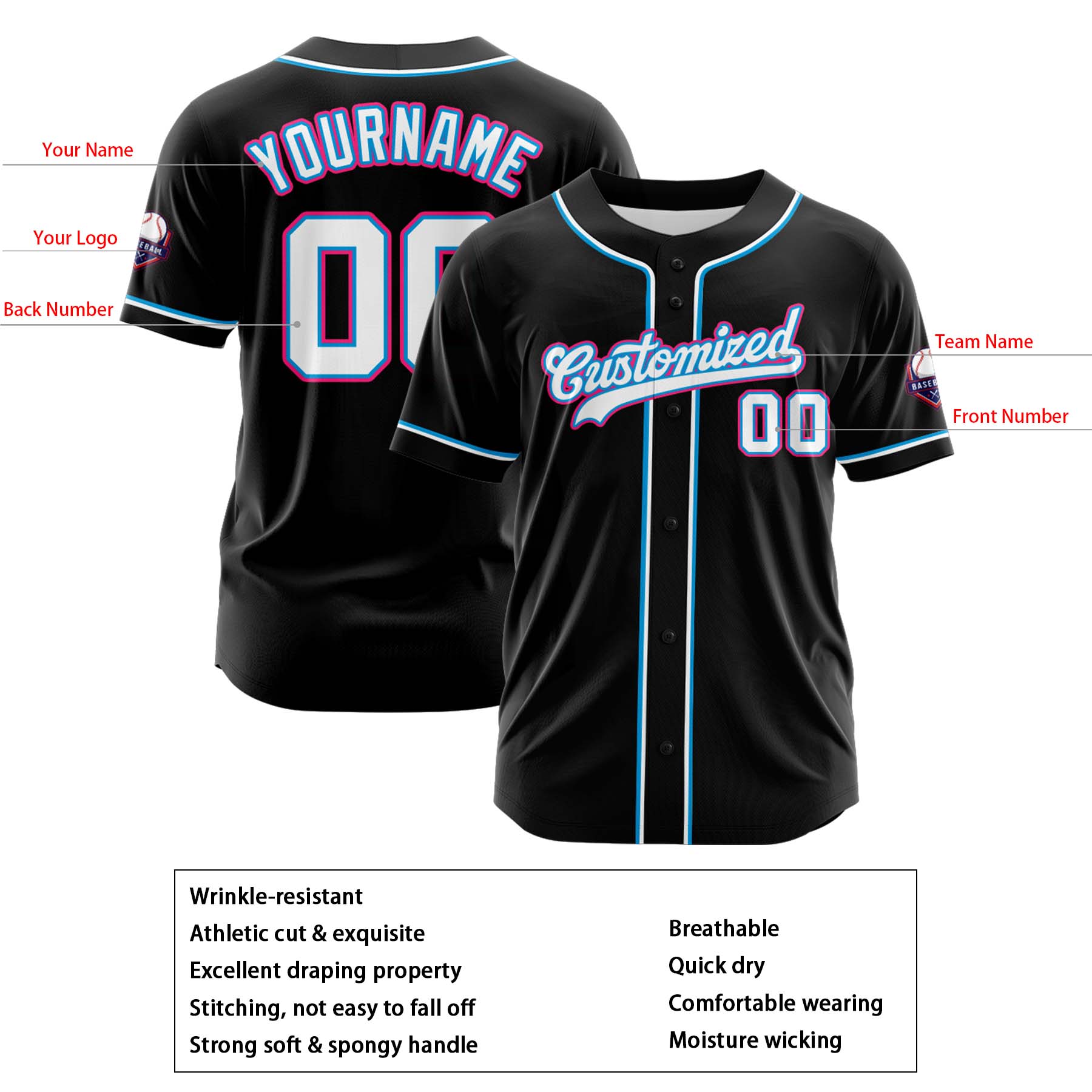 Custom Personalized Black White Fashion Design Full Button Authentic Baseball Jersey
