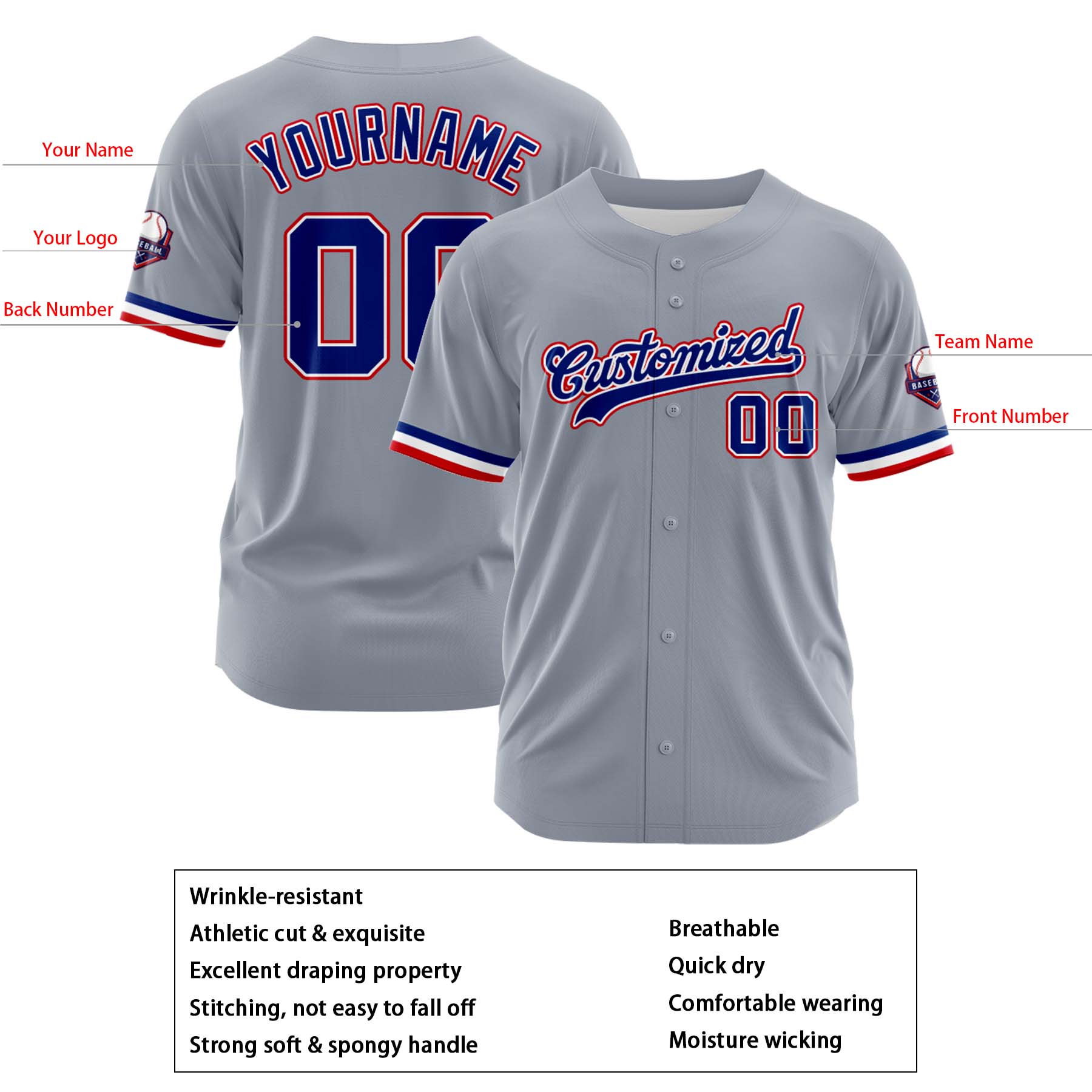 Custom Personalized Gray Blue Red Fashion Design Full Button Authentic Baseball Jersey