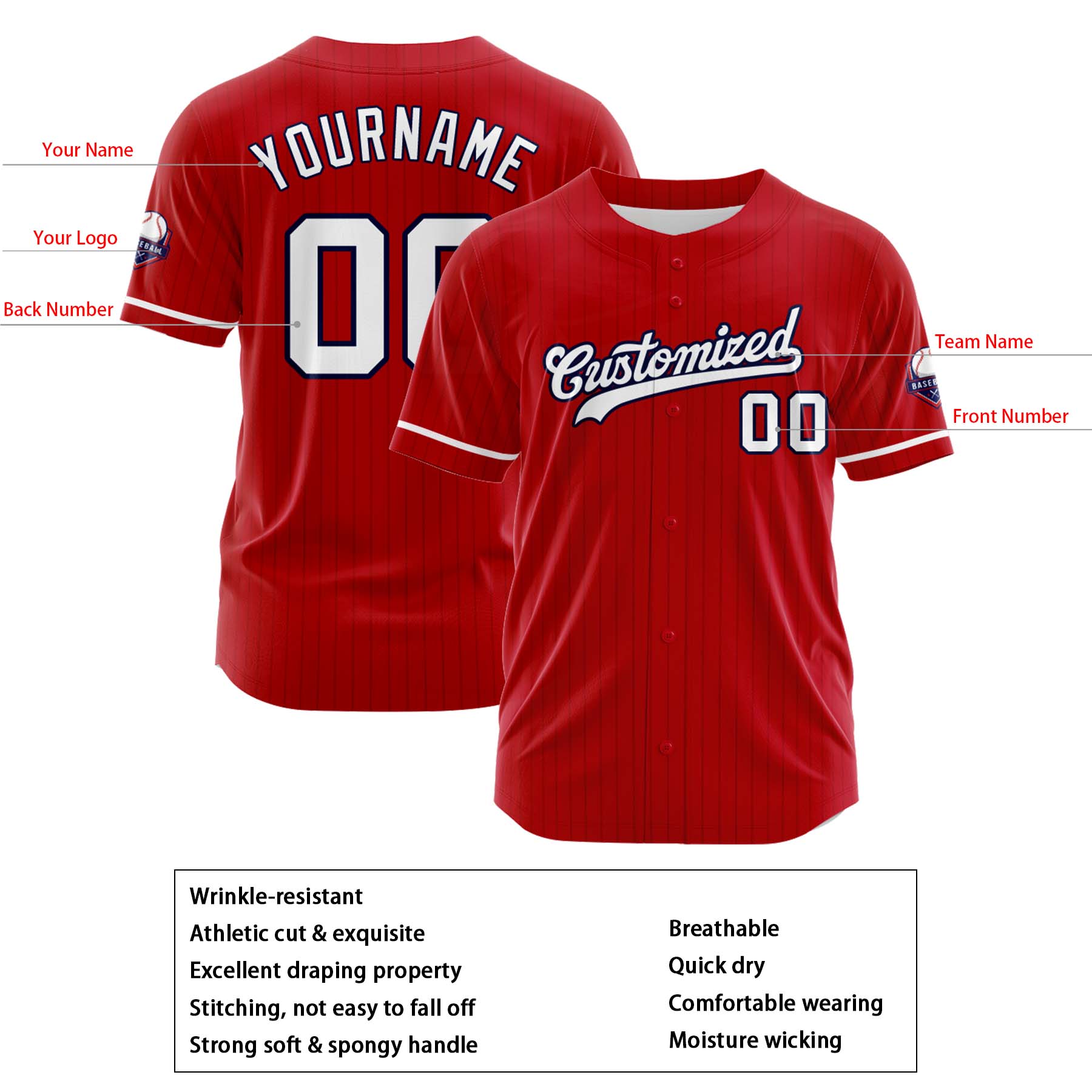 Custom Personalized Red White Stripe Fashion Design Full Button Authentic Baseball Jersey