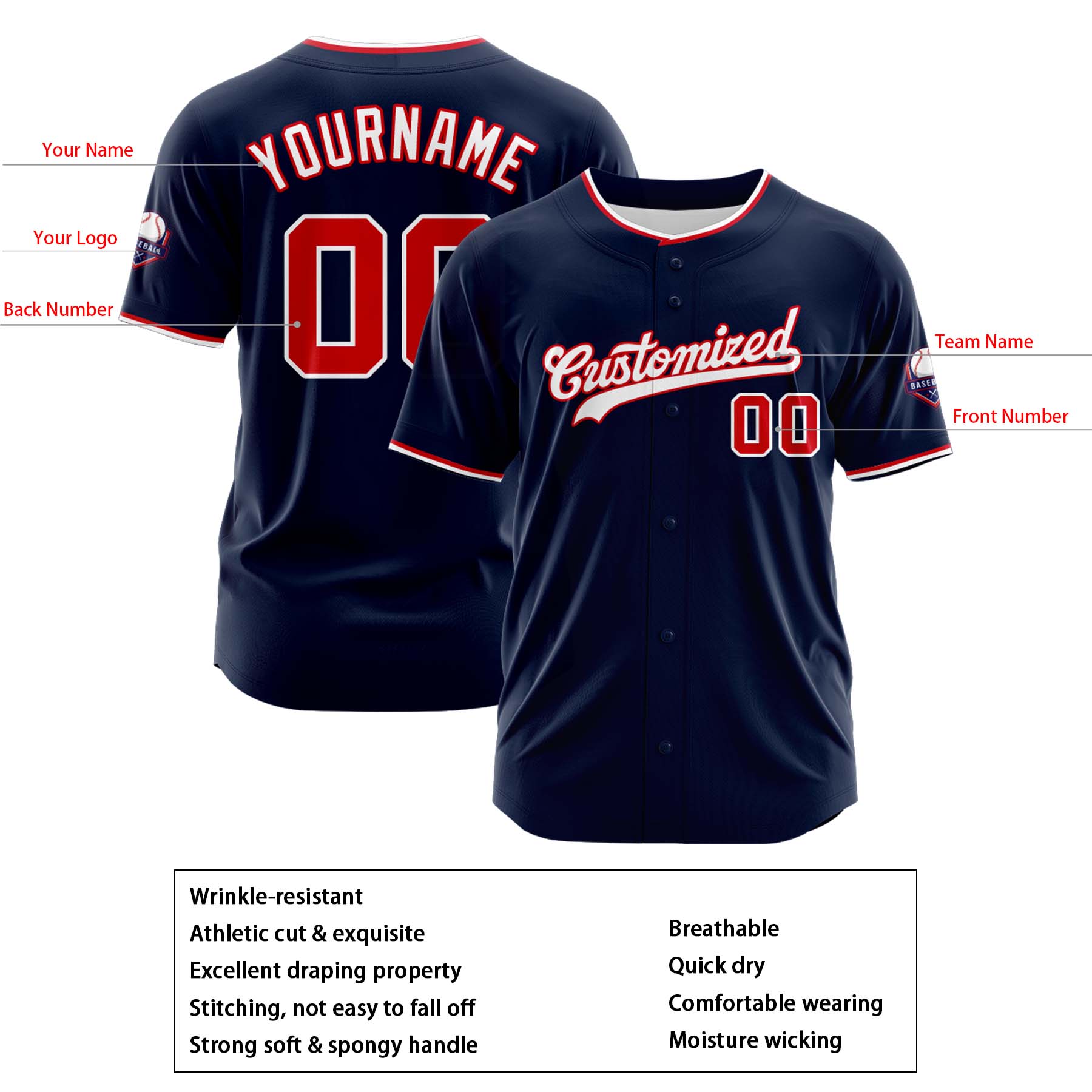 Custom Personalized Navy Red White Fashion Design Full Button Authentic Baseball Jersey