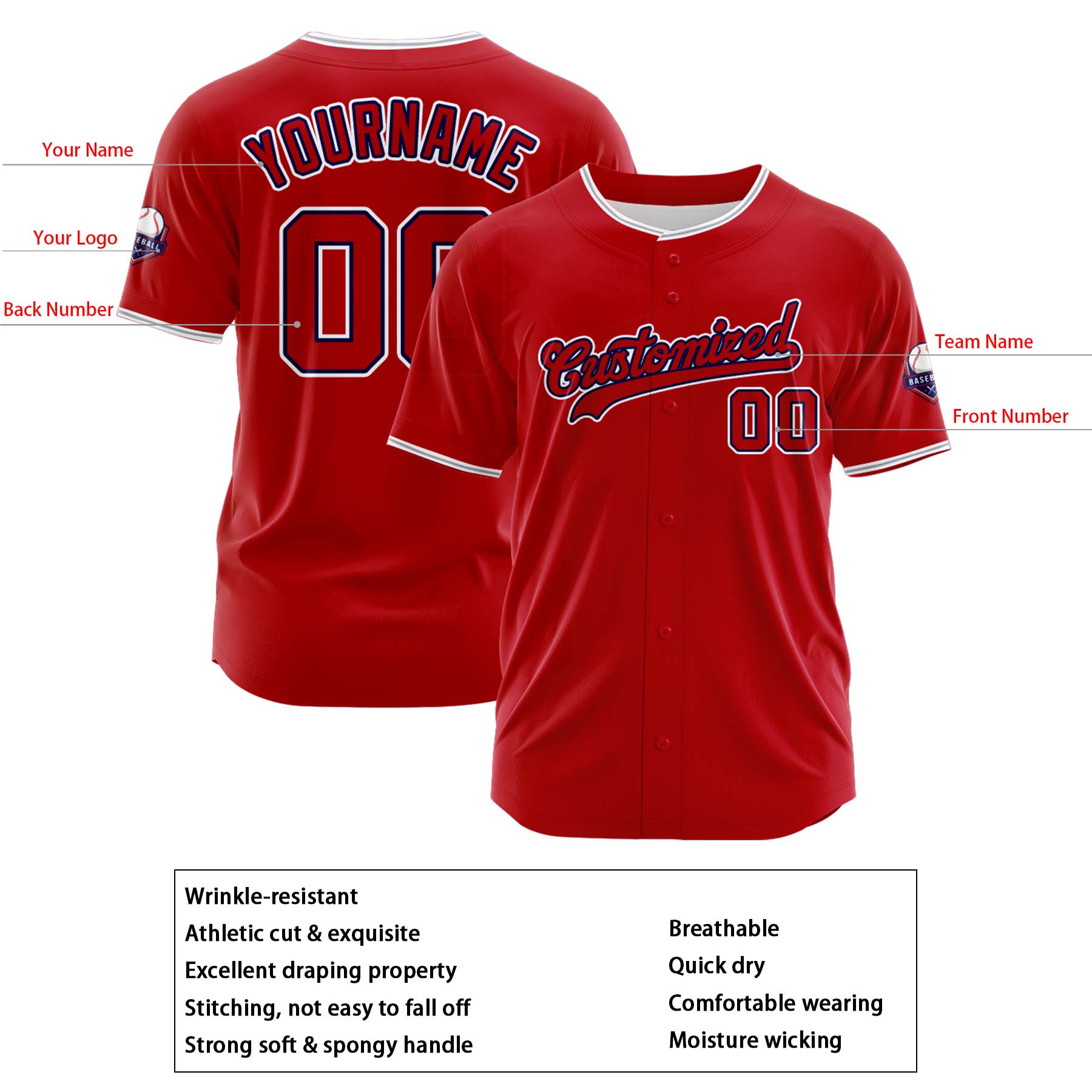 Custom Personalized Red Navy White  Fashion Design Full Button Authentic Baseball Jersey