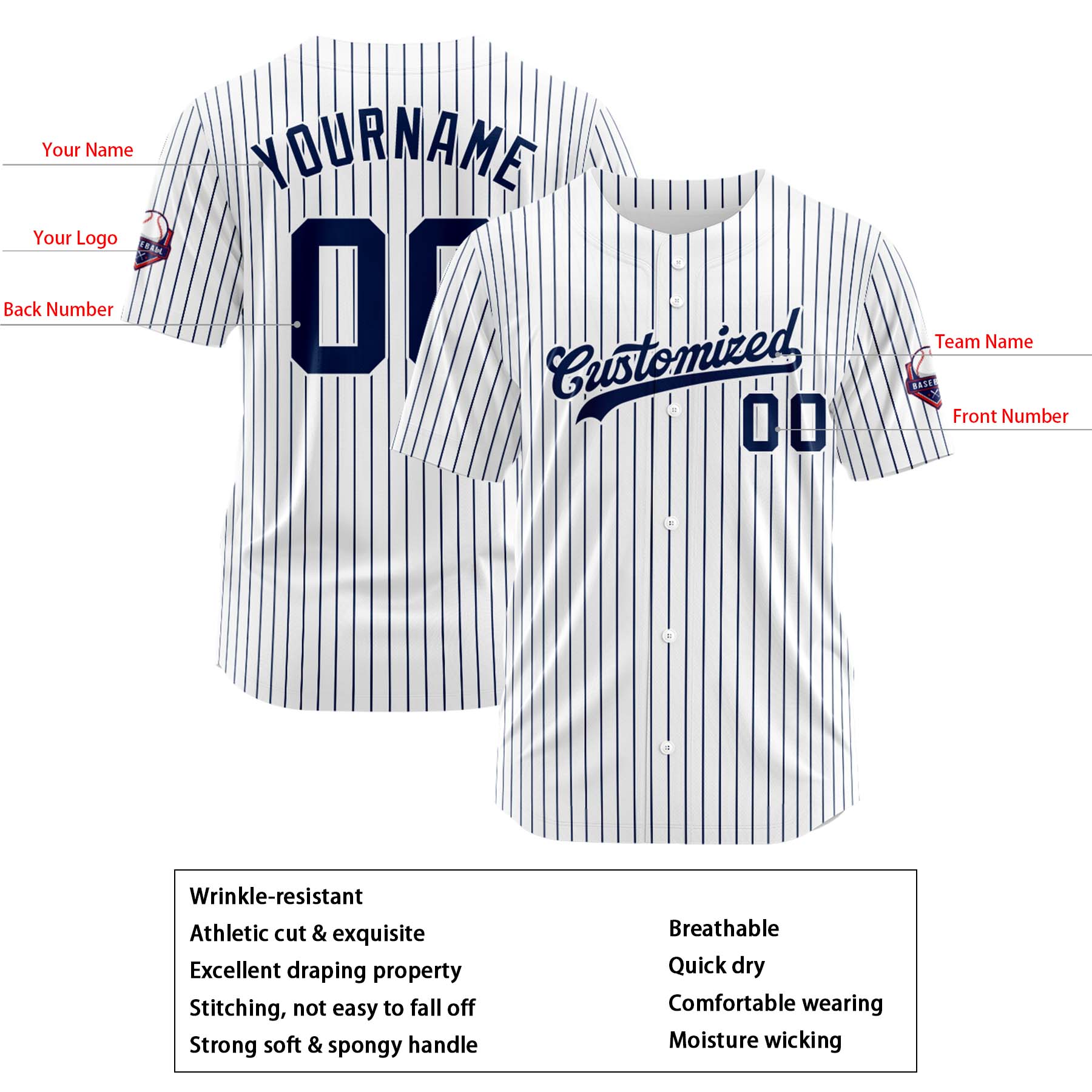Custom Personalized White Navy Stripe Fashion Design Full Button Authentic Baseball Jersey