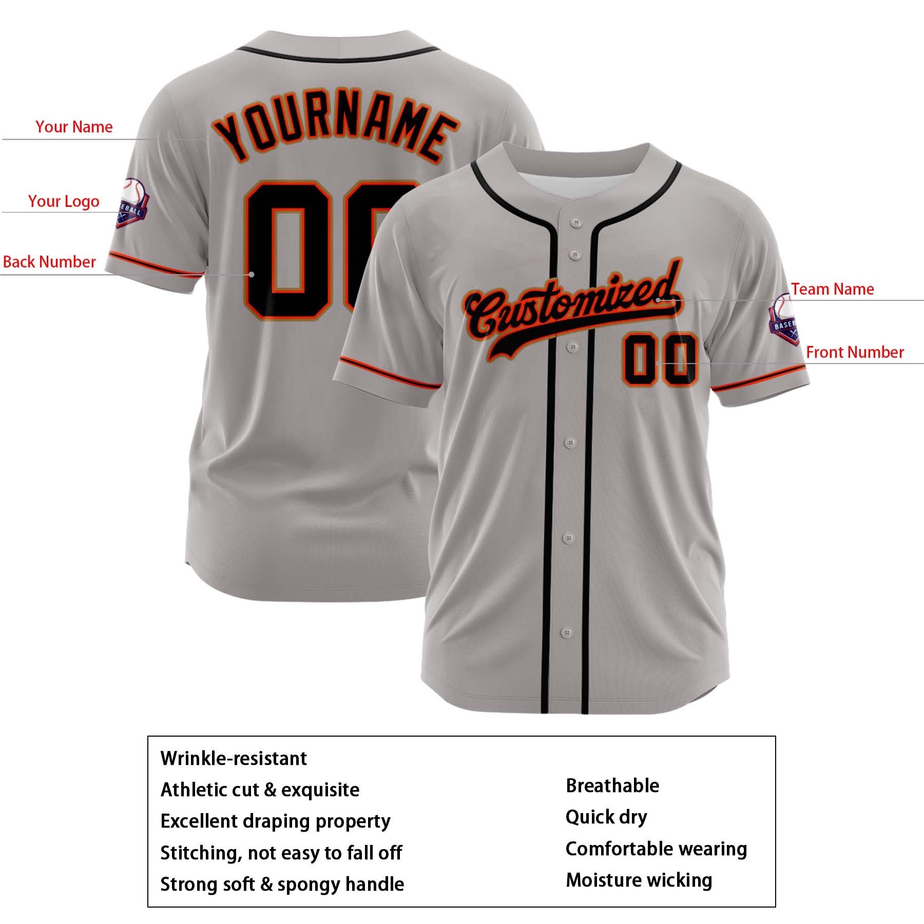 Custom Personalized Gray Black Orange Fashion Design Full Button Authentic Baseball Jersey