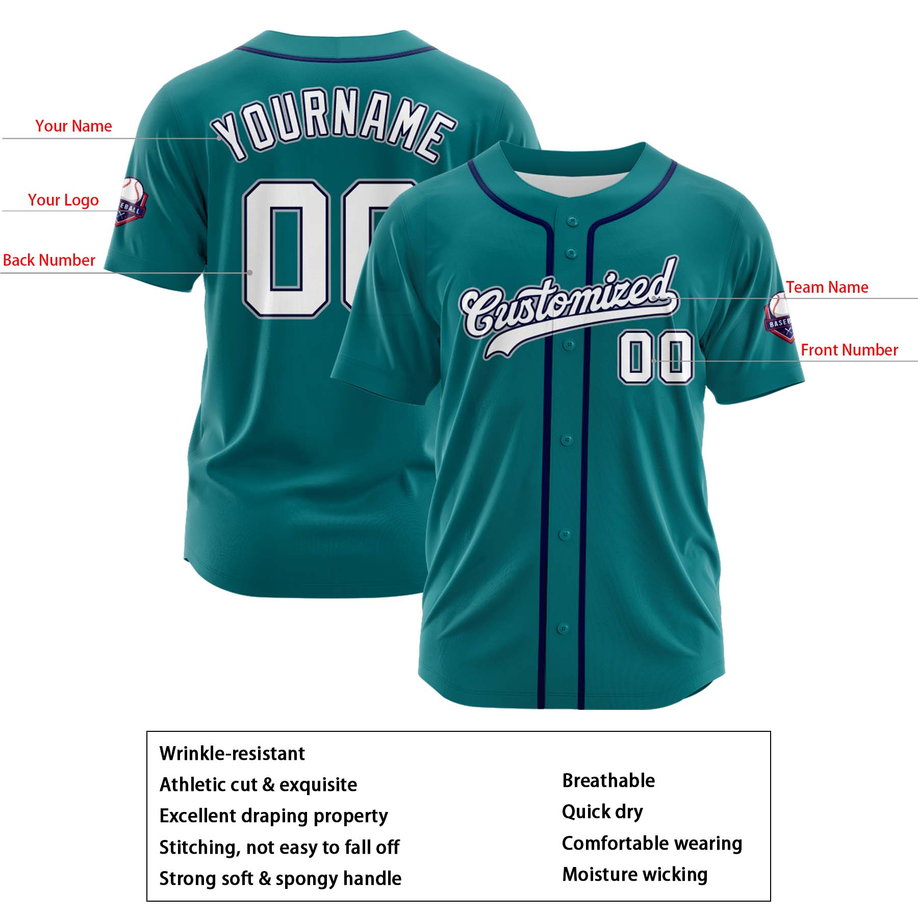 Custom Personalized Teal White Fashion Design Full Button Authentic Baseball Jersey
