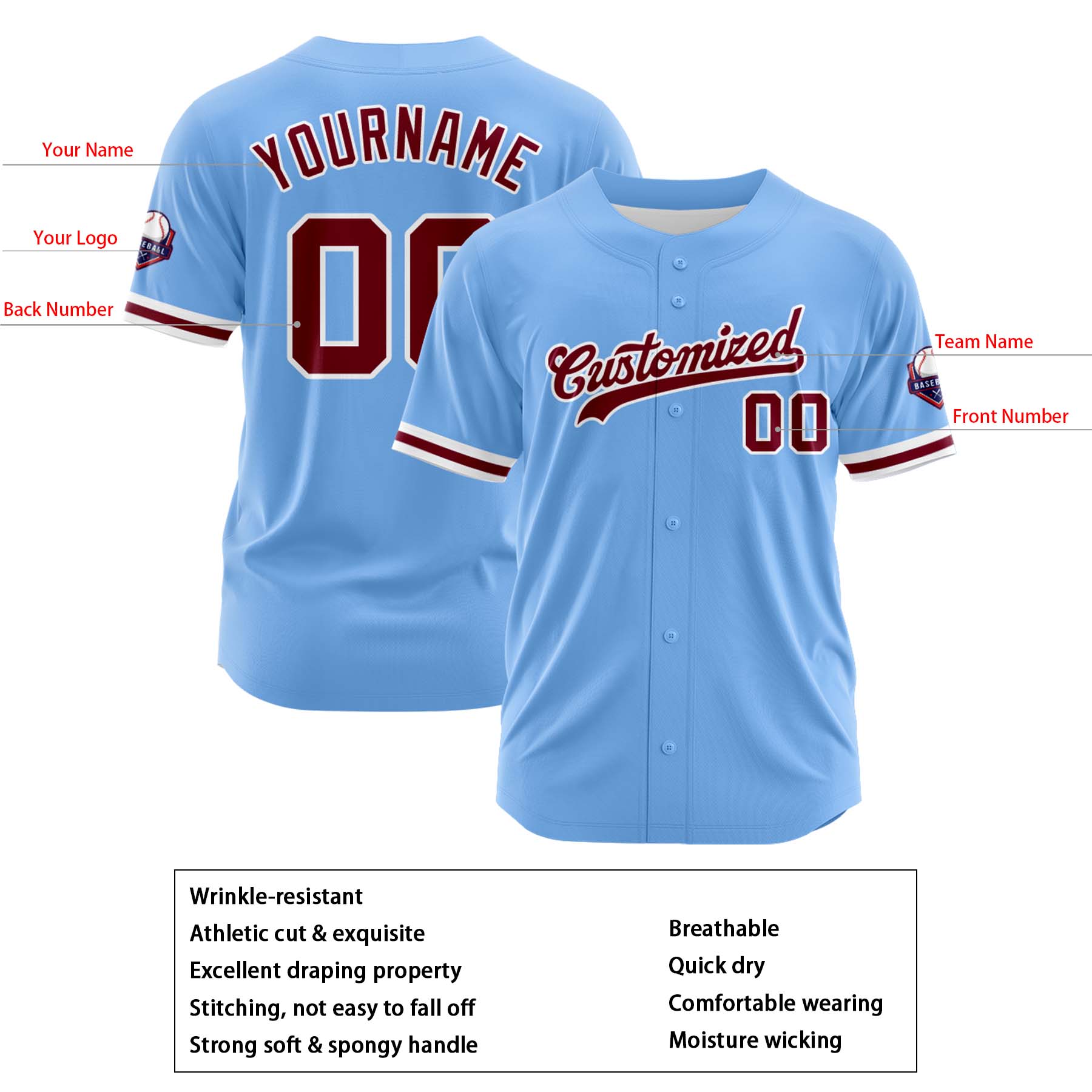 Custom Personalized Light Blue Burgundy Fashion Design Full Button Authentic Baseball Jersey