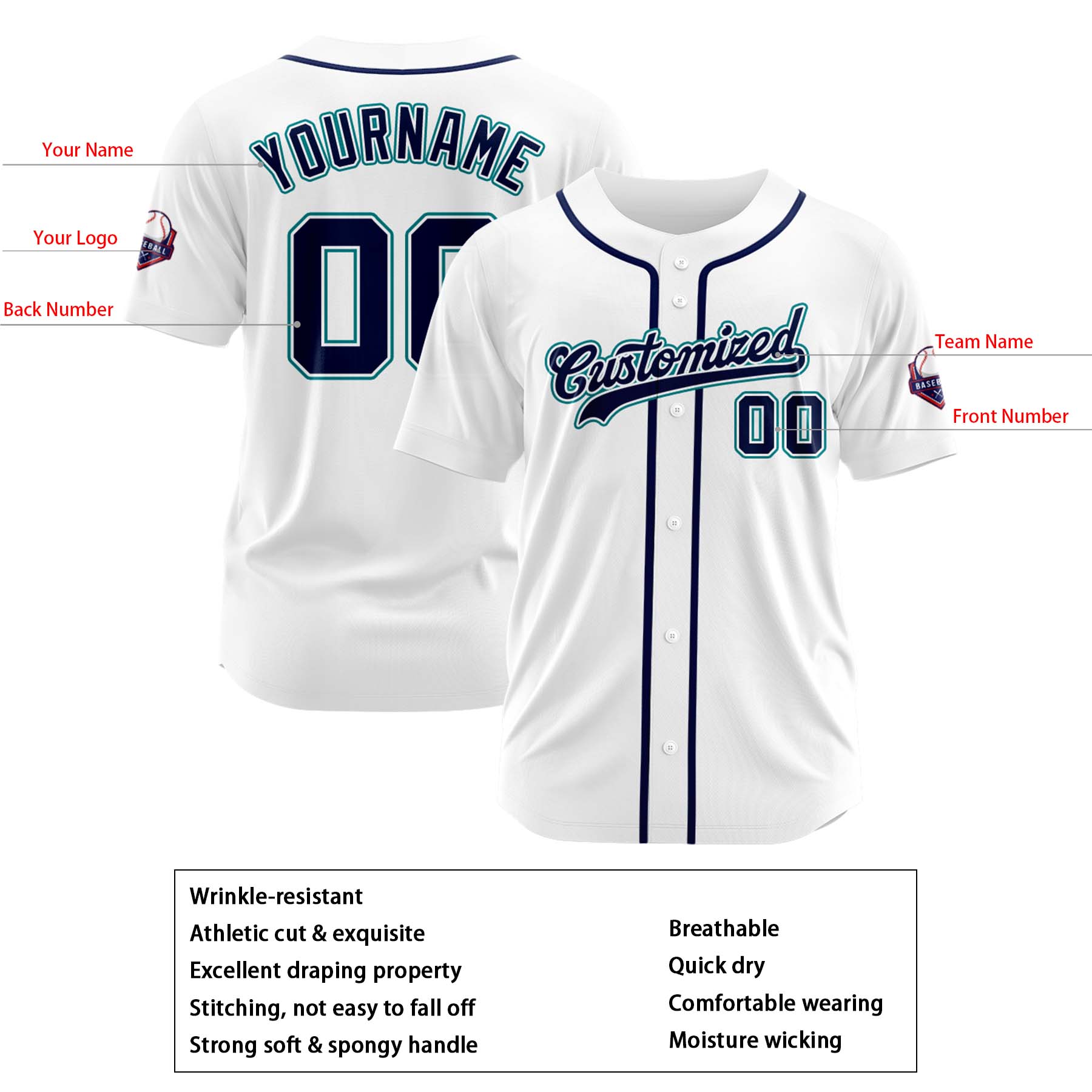 Custom Personalized White Navy Fashion Design Full Button Authentic Baseball Jersey