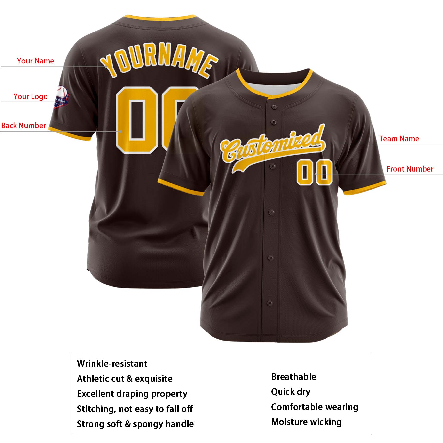 Custom Personalized Brown Yellow White Fashion Design Full Button Authentic Baseball Jersey