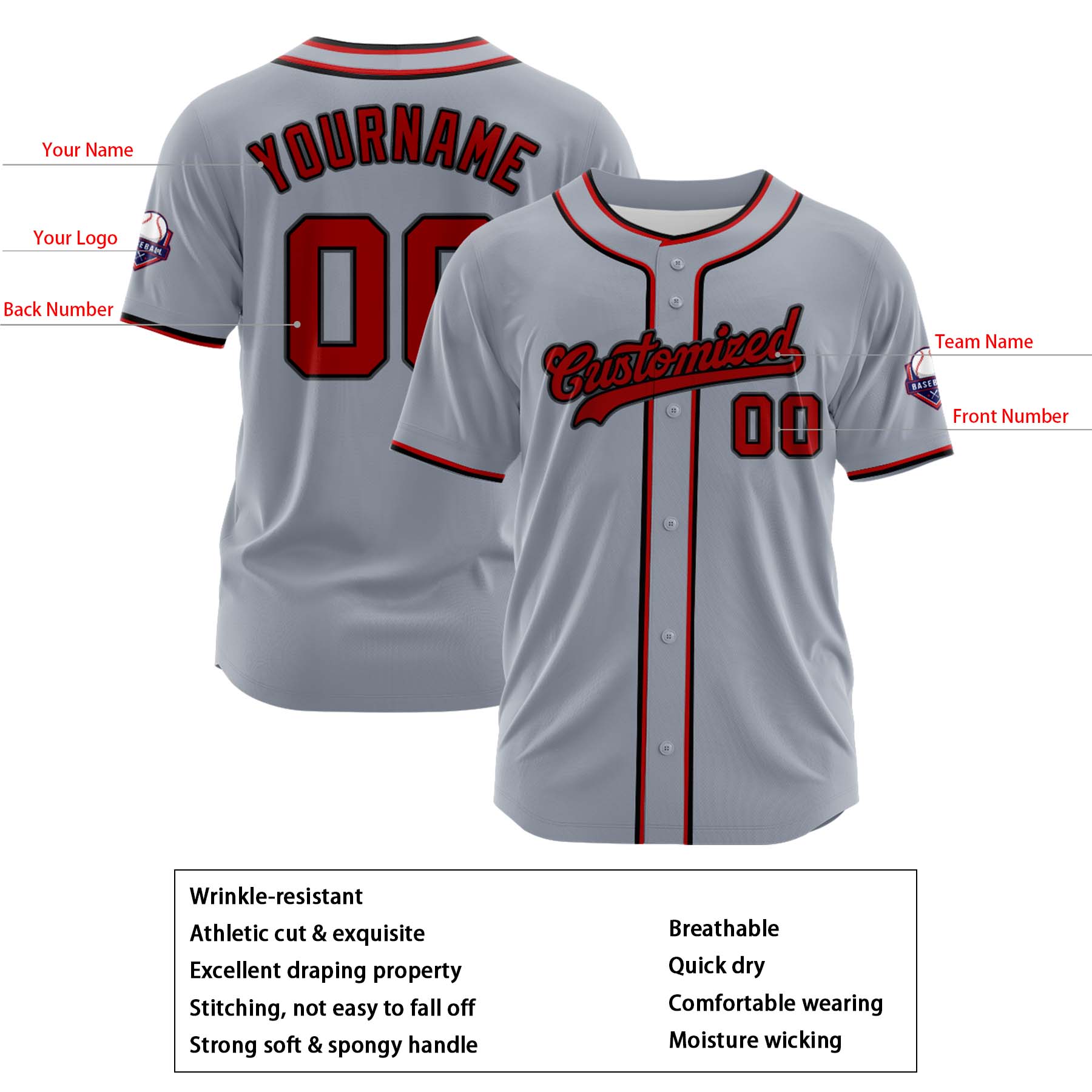 Custom Personalized Gray Red Fashion Design Full Button Authentic Baseball Jersey