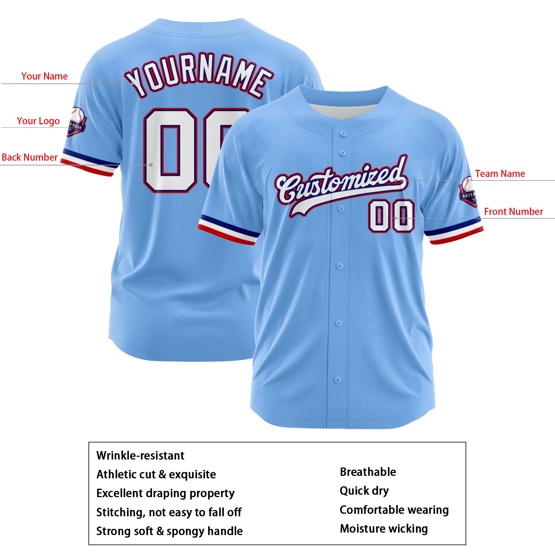 Custom Personalized Light Blue White Fashion Design Full Button Authentic Baseball Jersey