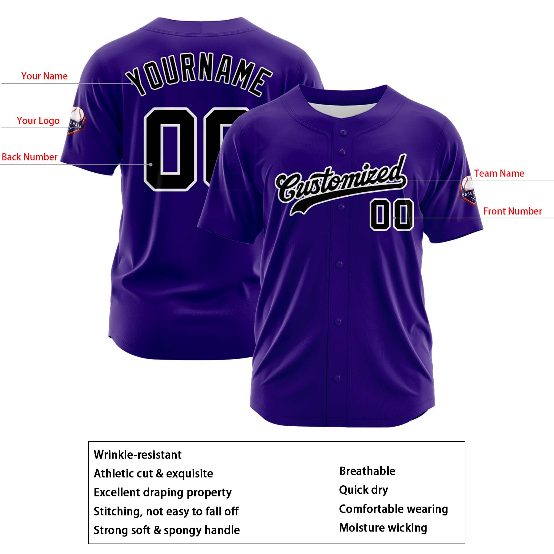 Custom Personalized Purple Black White Fashion Design Full Button Authentic Baseball Jersey