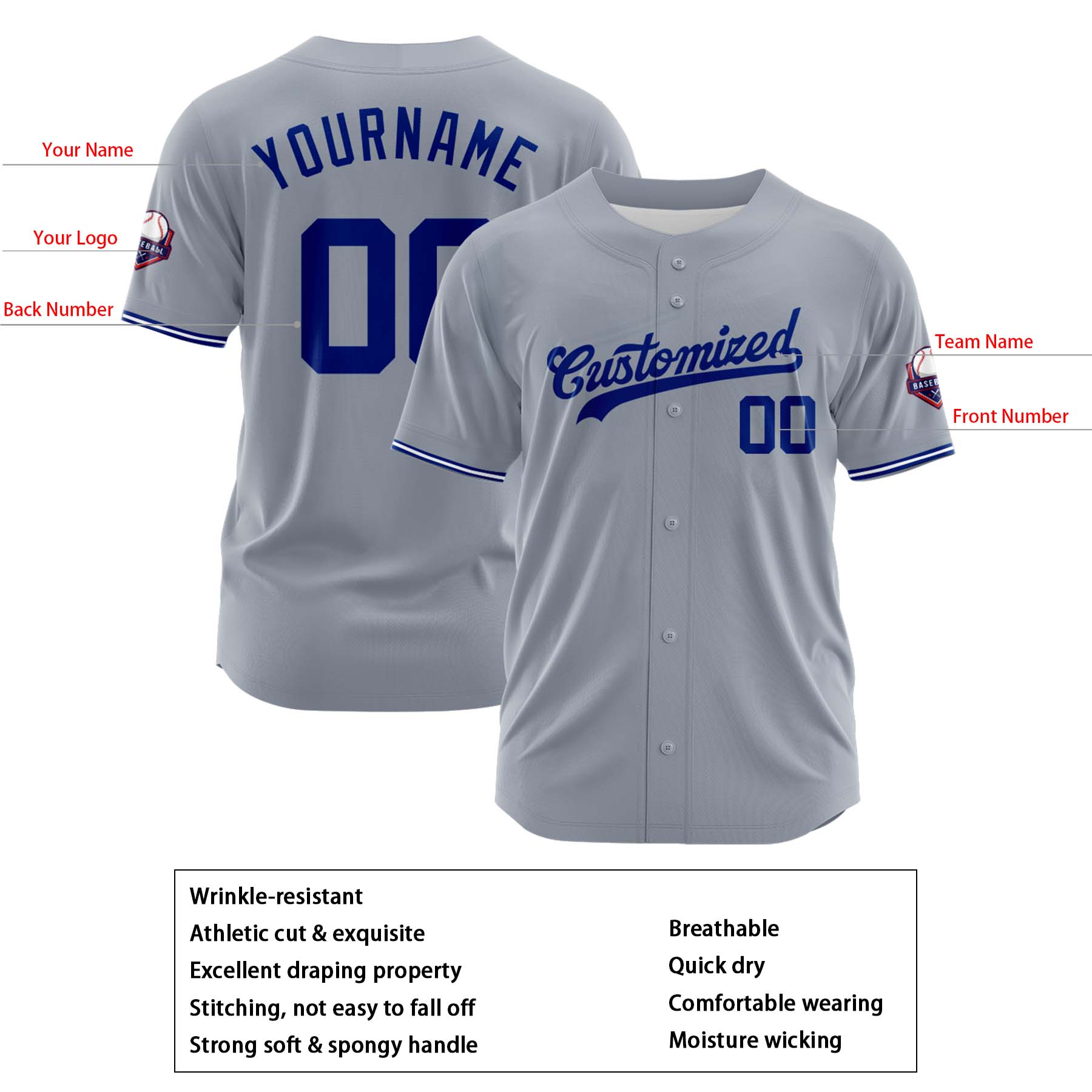 Custom Personalized Gray Blue Fashion Design Full Button Authentic Baseball Jersey