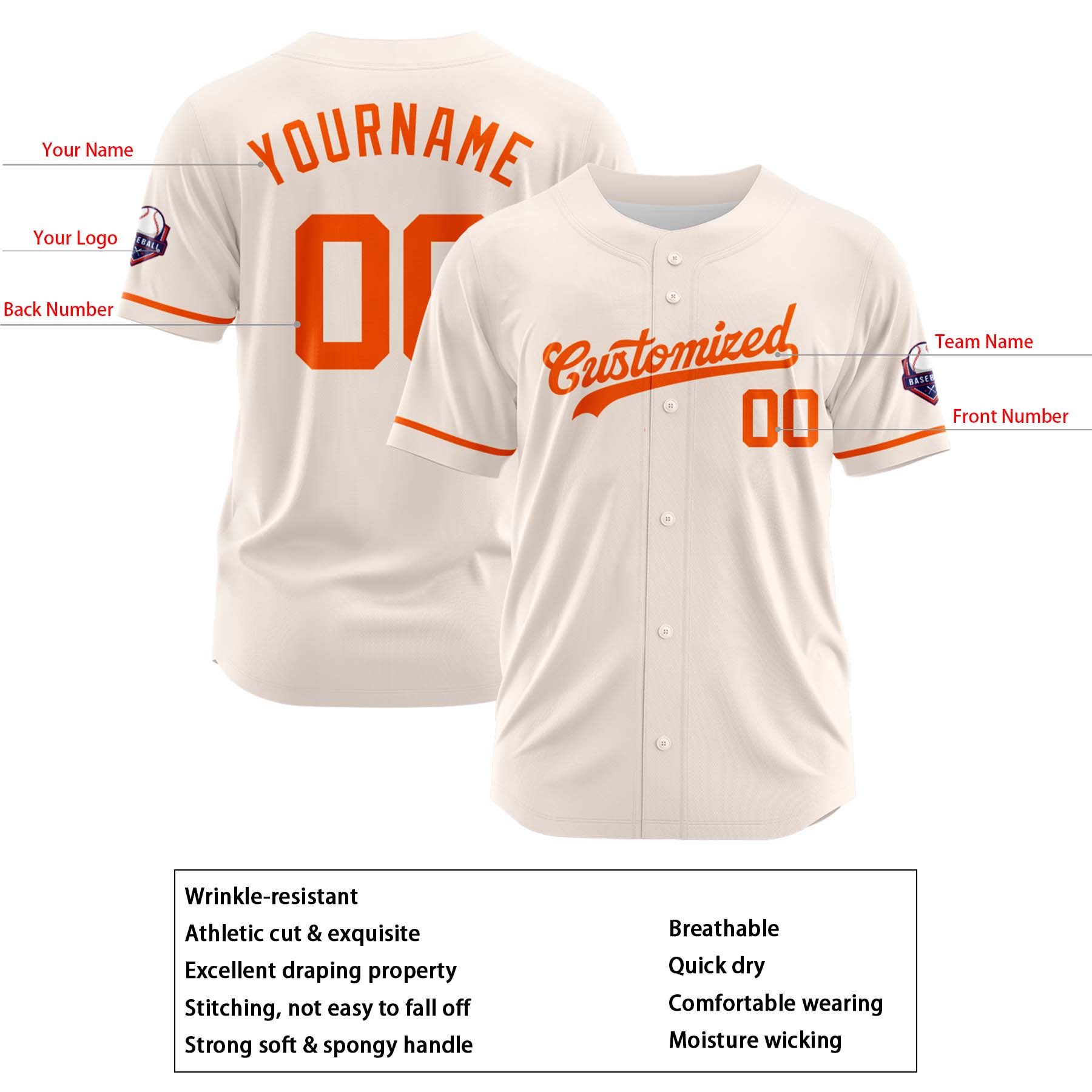 Custom Personalized Cream Orange Fashion Design Full Button Authentic Baseball Jersey