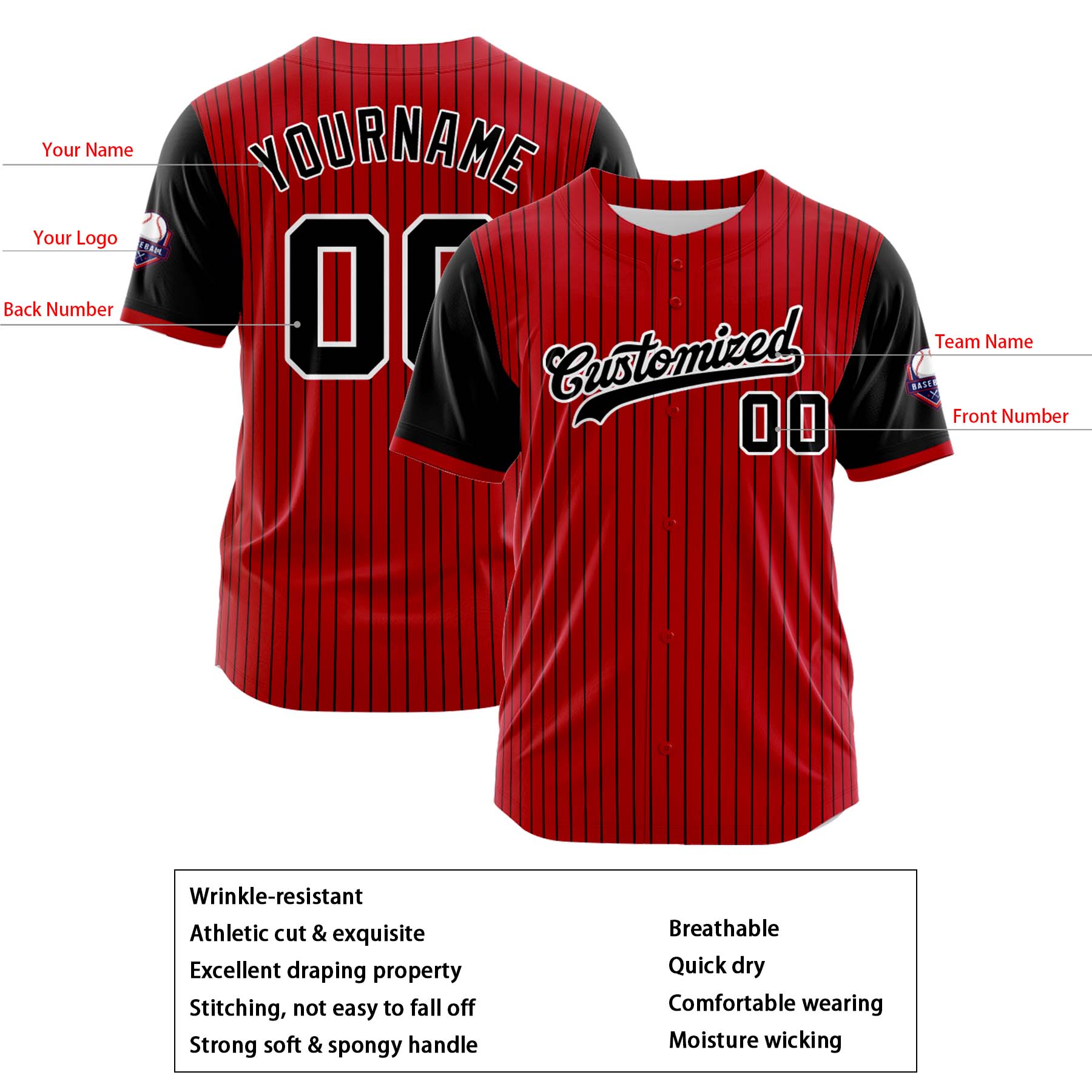 Custom Personalized Stripe Red Black Fashion Design Full Button Authentic Baseball Jersey