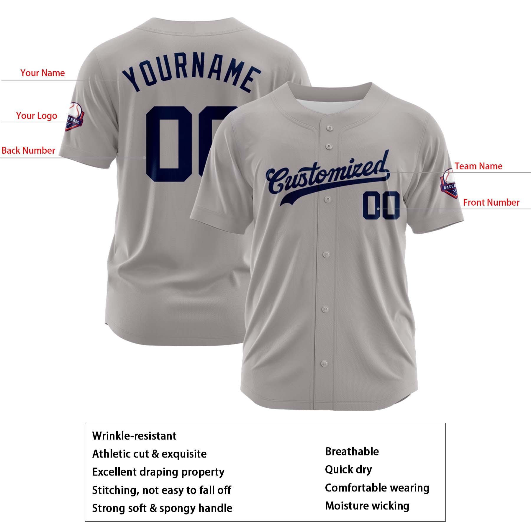 Custom Personalized Gray Navy Fashion Design Full Button Authentic Baseball Jersey