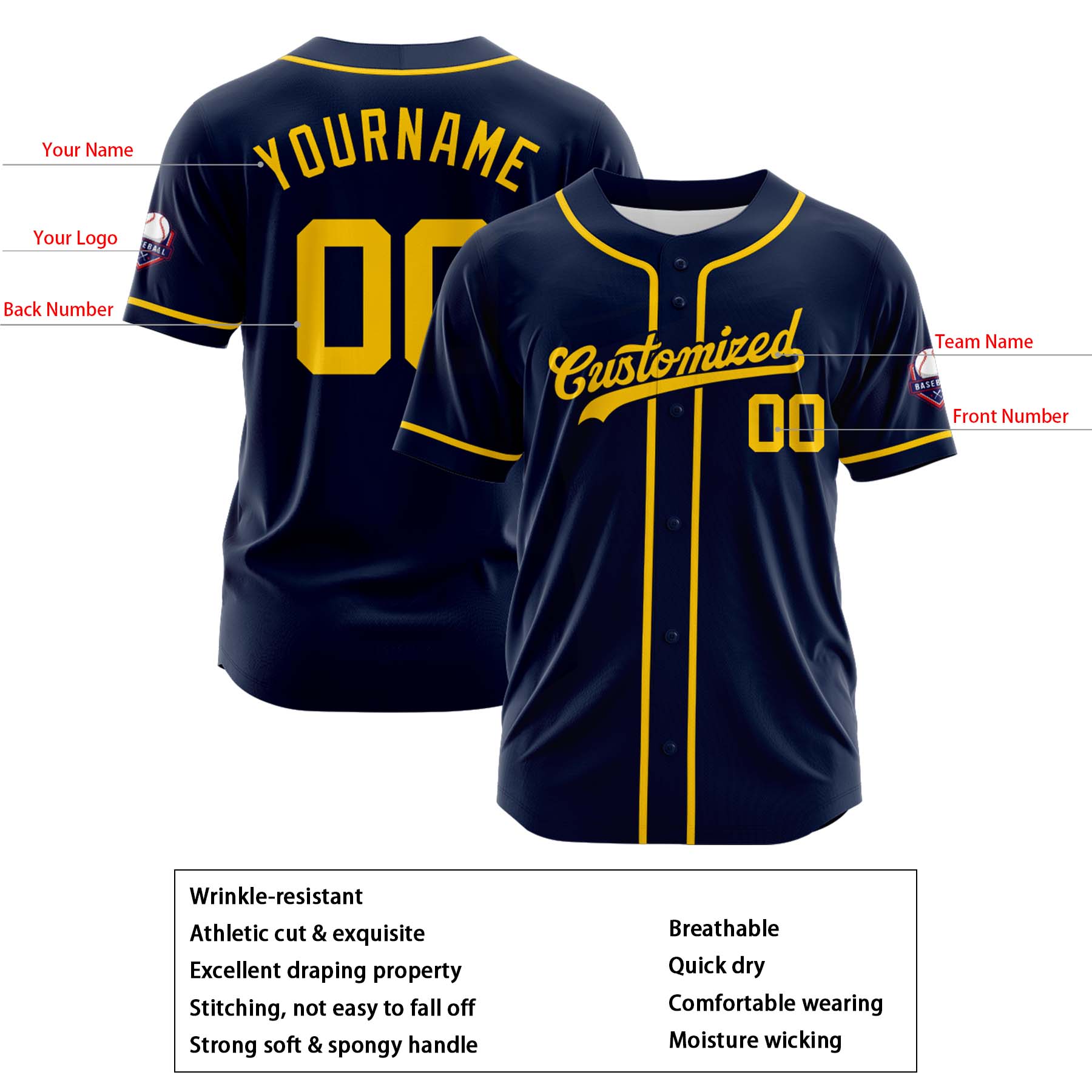 Custom Personalized Navy Yellow Fashion Design Full Button Authentic Baseball Jersey