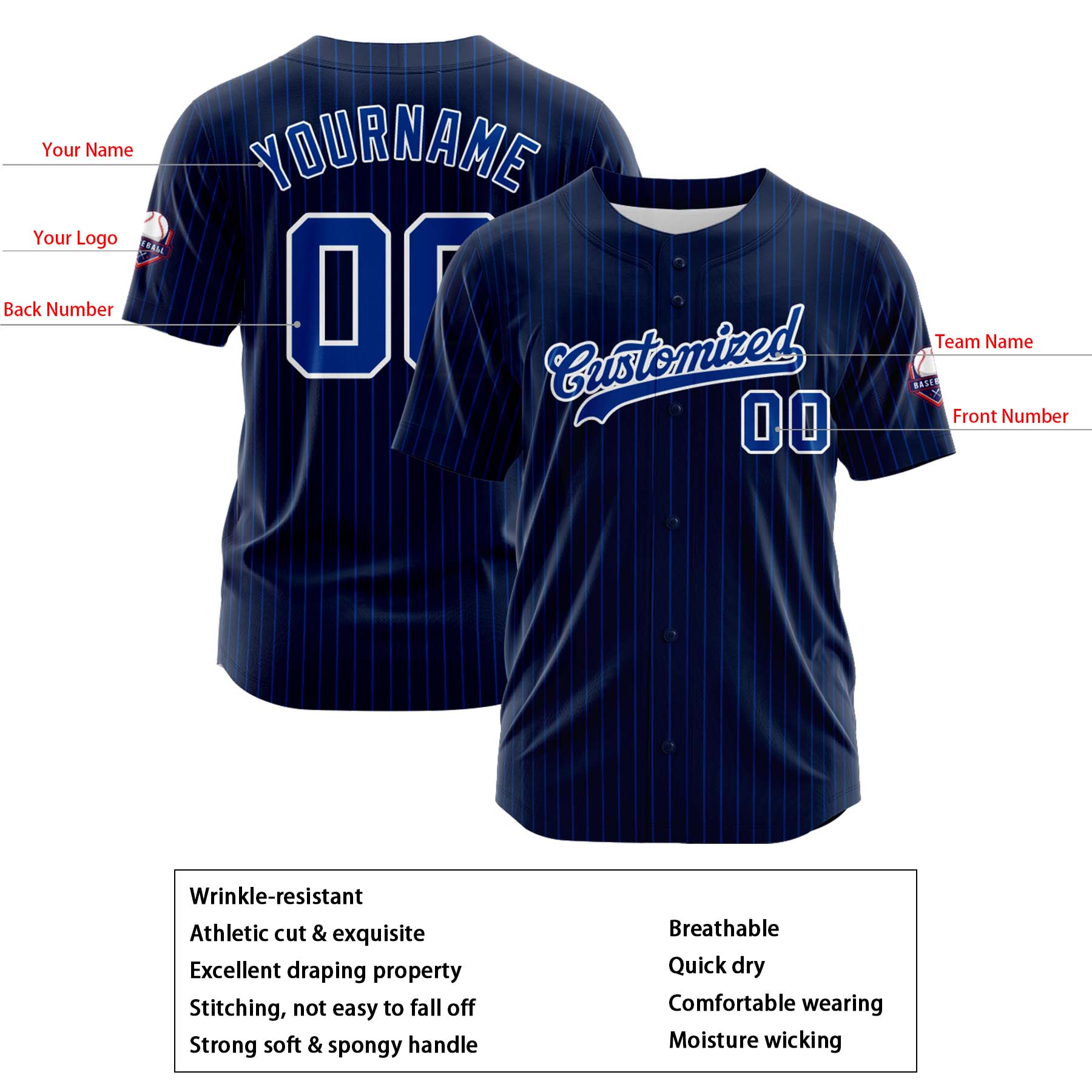 Custom Personalized Navy Blue Stripe Fashion Design Full Button Authentic Baseball Jersey