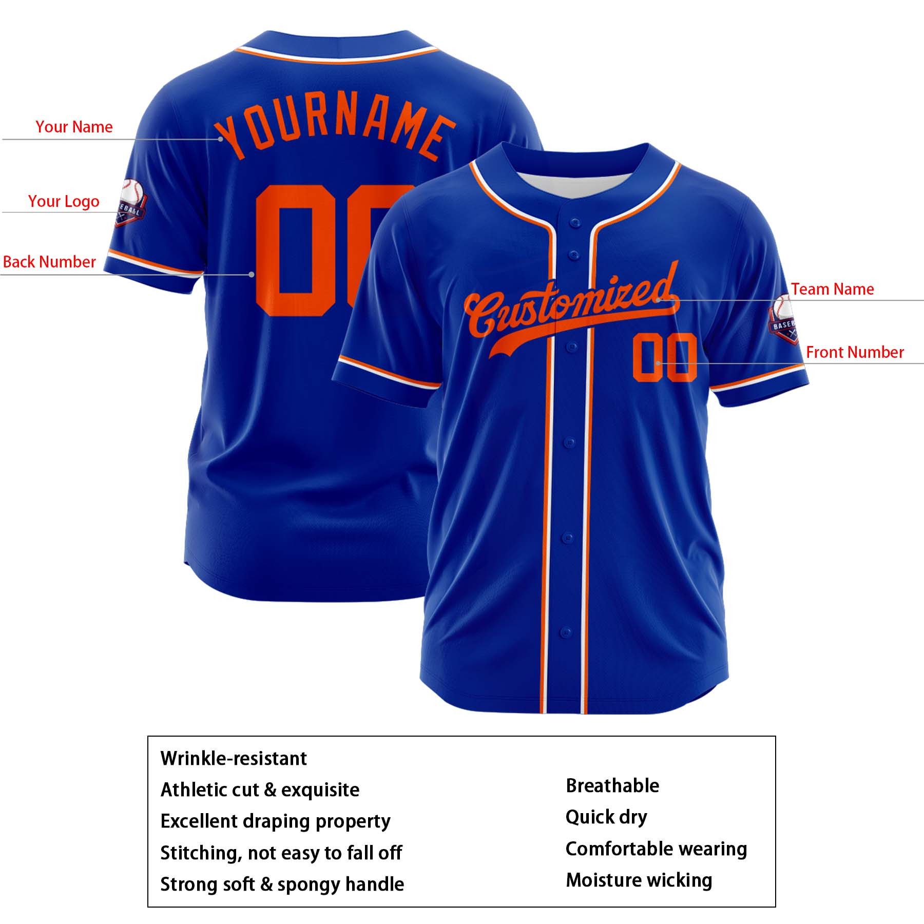 Custom Personalized Blue Orange Fashion Design Full Button Authentic Baseball Jersey