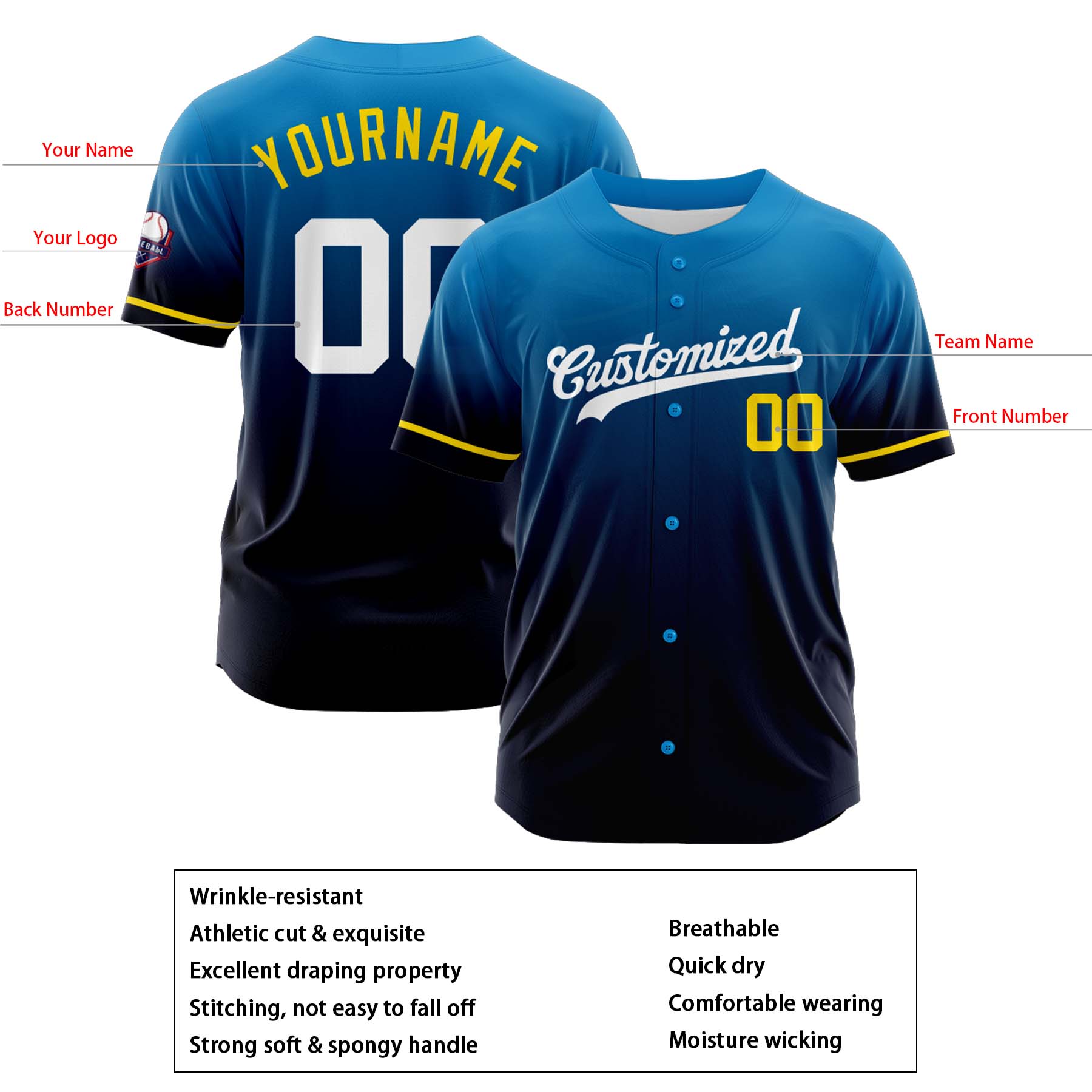 Custom Personalized Blue Navy Gradient Fashion Design Full Button Authentic Baseball Jersey