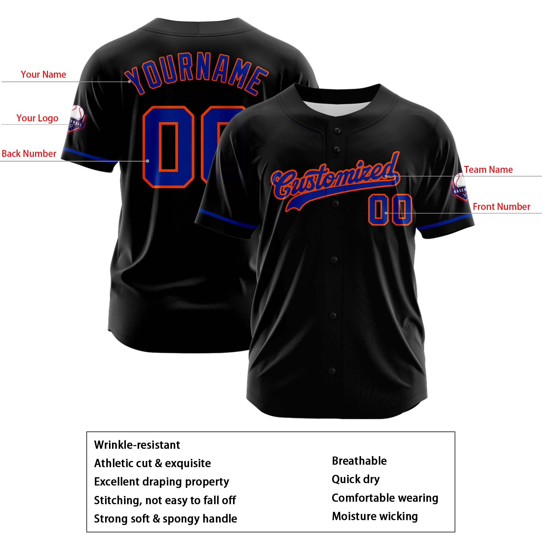 Custom Personalized Black Blue Fashion Design Full Button Authentic Baseball Jersey