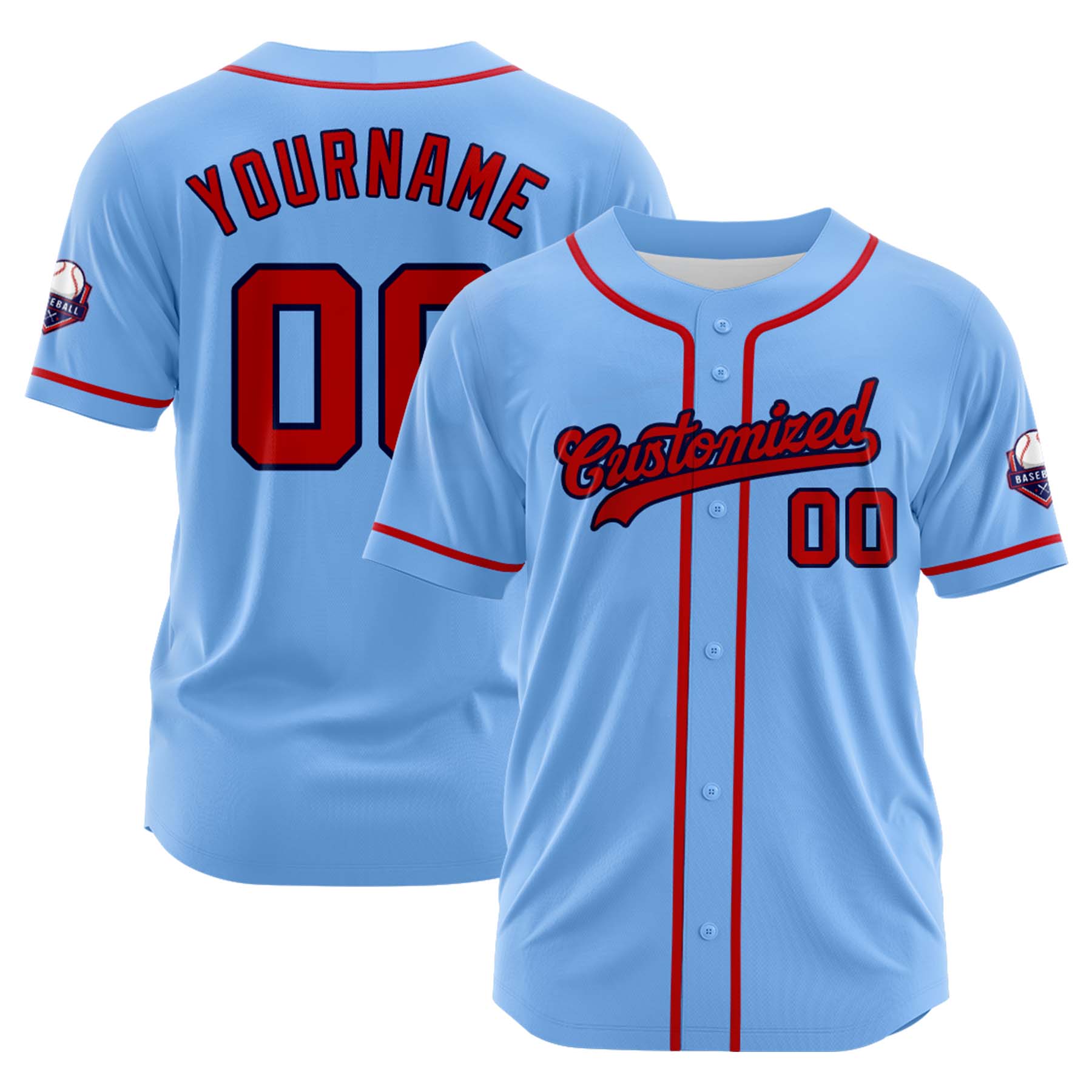 Custom Personalized Light Blue Red Fashion Design Full Button Authentic Baseball Jersey