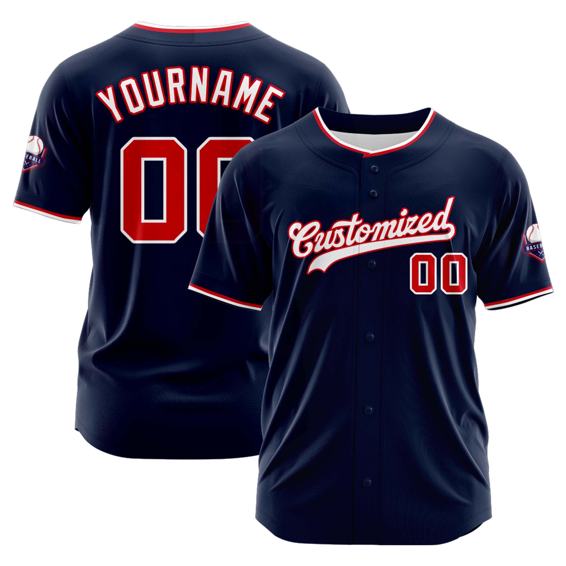 Custom Personalized Navy Red White Fashion Design Full Button Authentic Baseball Jersey