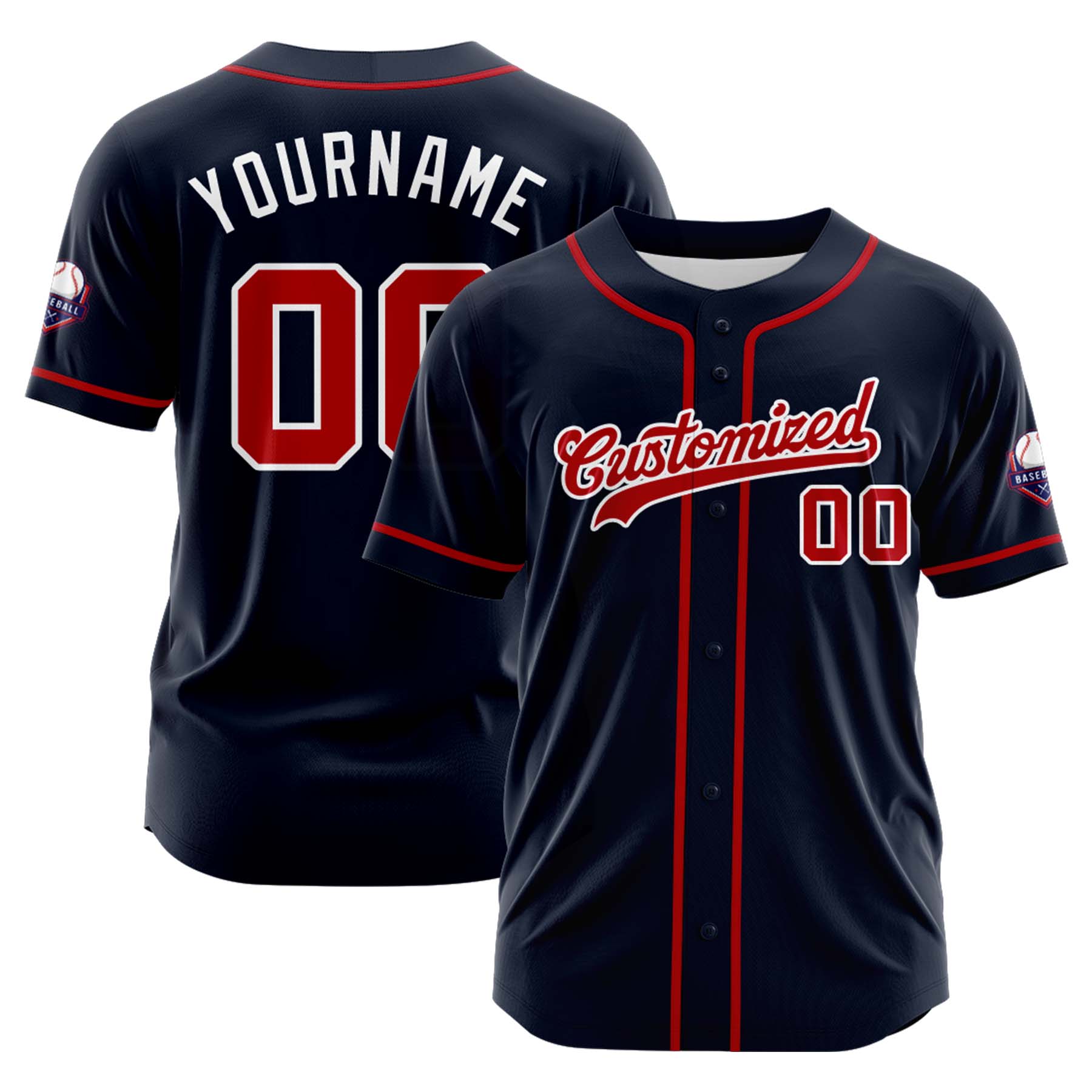 Custom Personalized Navy Red White Fashion Design Full Button Authentic Baseball Jersey