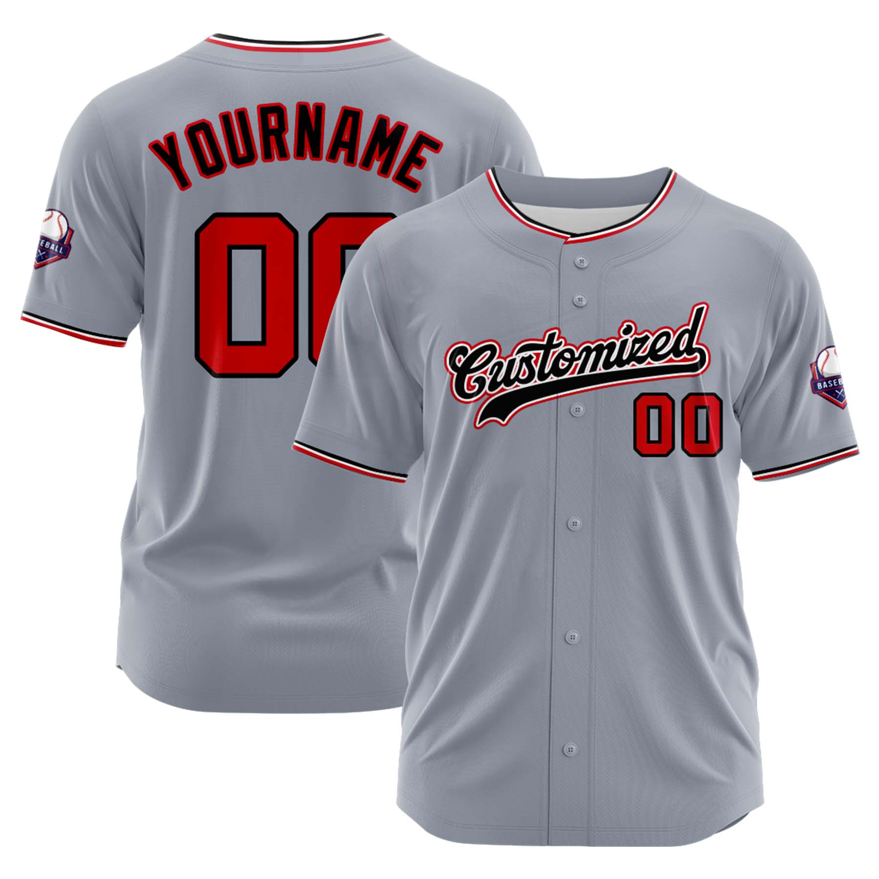 Custom Personalized Gray Black Red Fashion Design Full Button Authentic Baseball Jersey