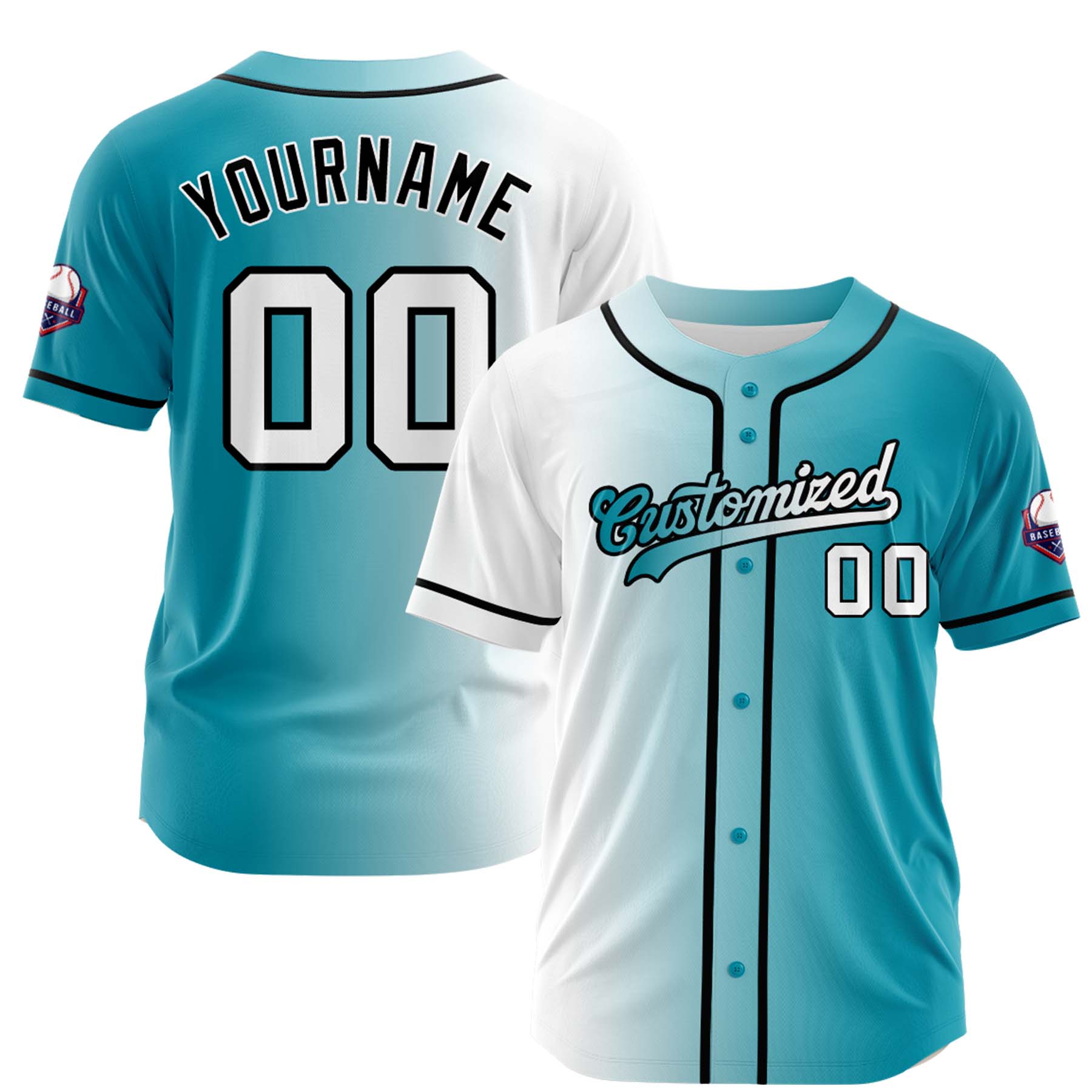Custom White Teal Gradient Fashion Design Full Button Authentic Baseball Jersey