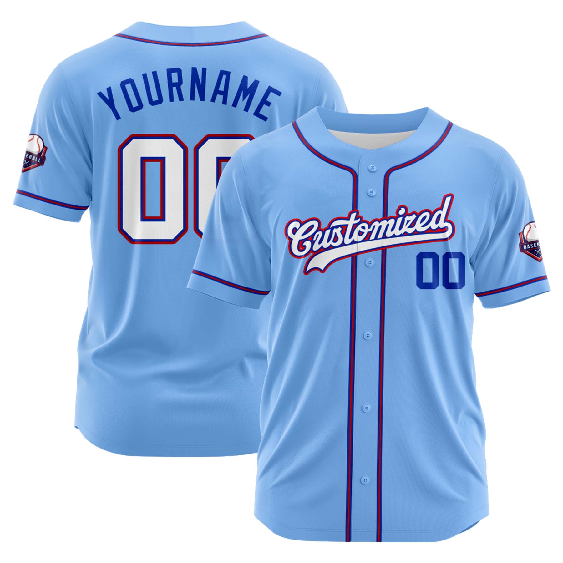 Custom Personalized Light Blue White Red Fashion Design Full Button Authentic Baseball Jersey