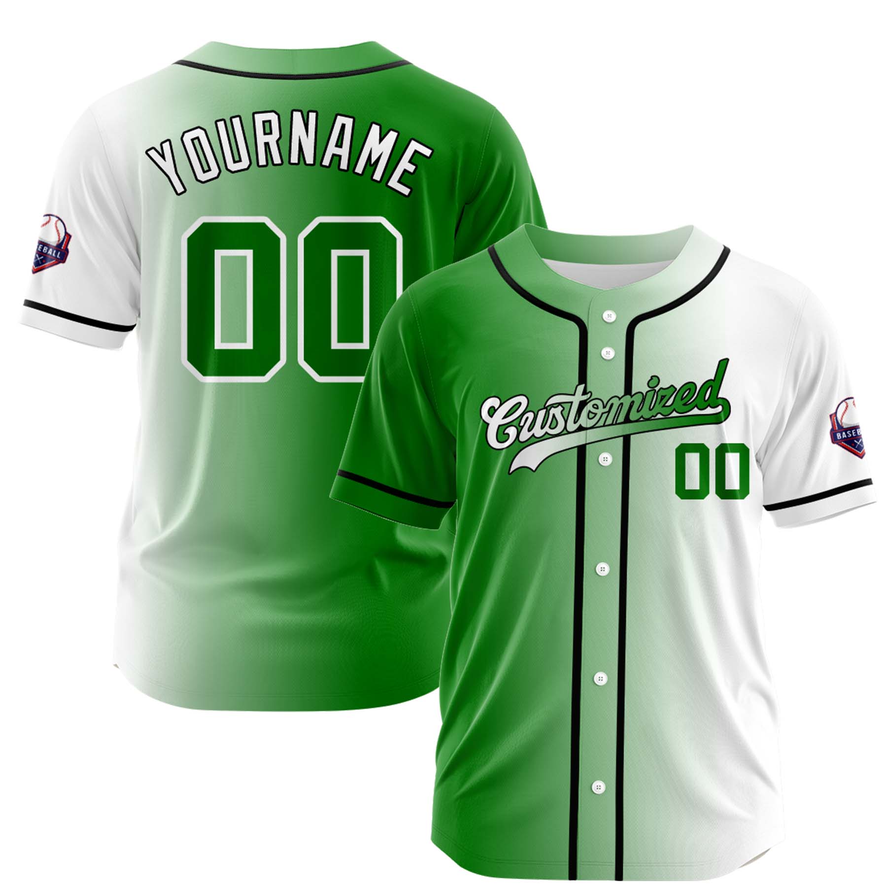 Custom Green White Gradient Fashion Design Full Button Authentic Baseball Jersey