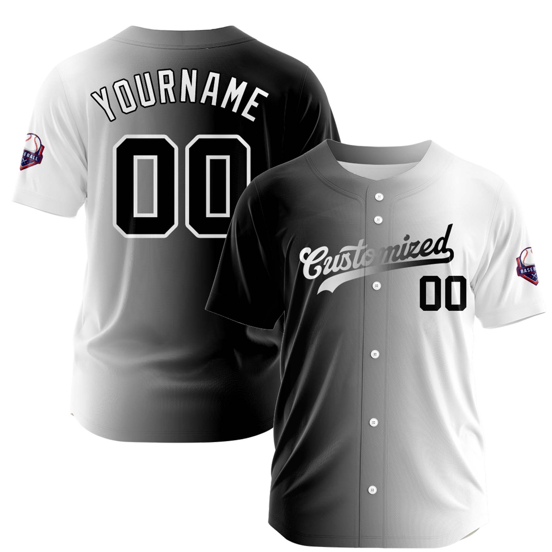 Custom Black White Gradient Fashion Design Full Button Authentic Baseball Jersey