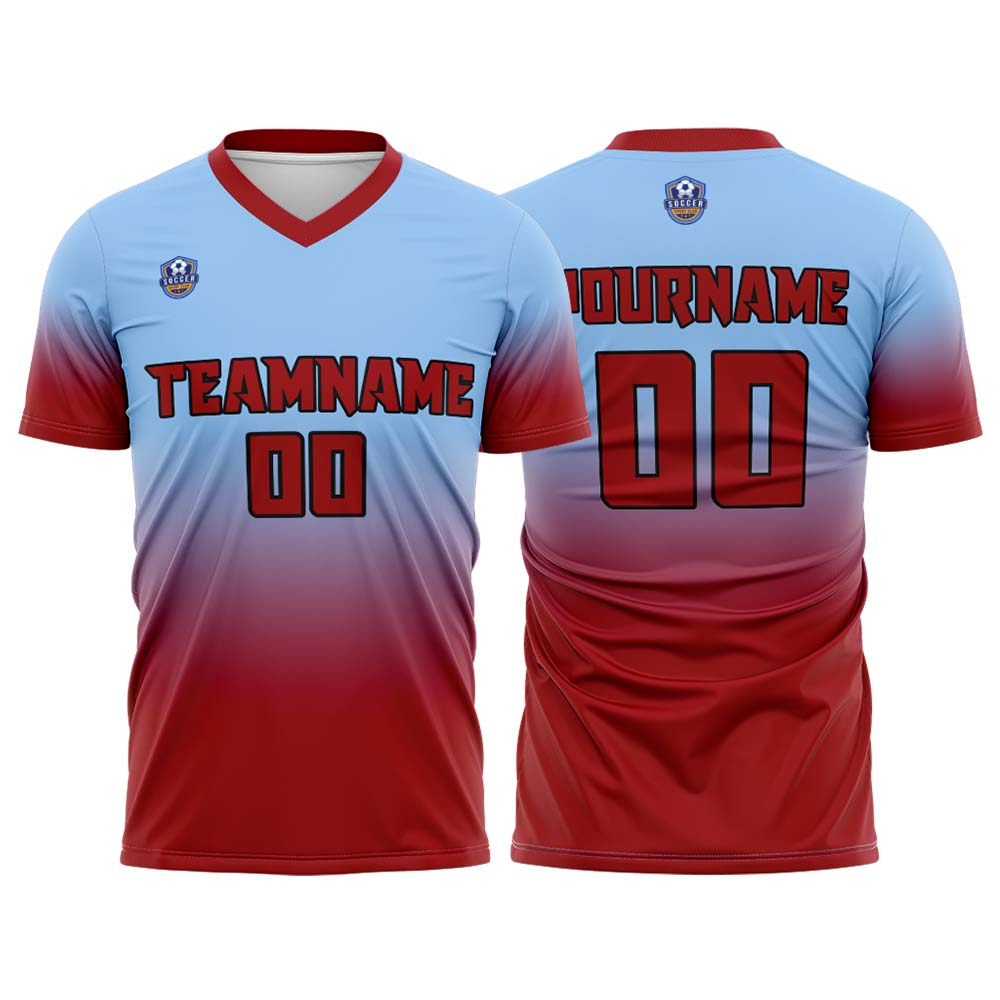 Custom Light Blue Red Gradient Soccer Uniform Set – Personalized Jerseys for Adults & Kids