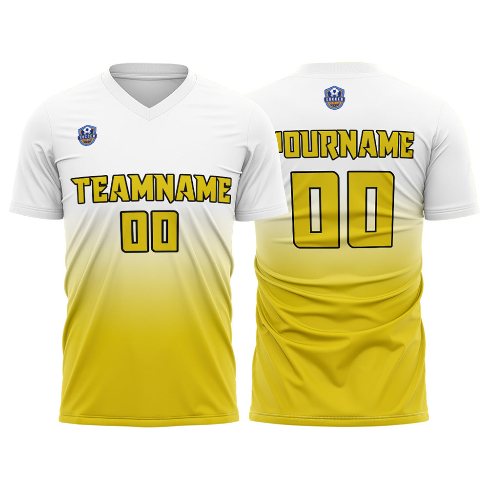 Custom White Yellow Gradient Soccer Uniform Set – Personalized Jerseys for Adults & Kid