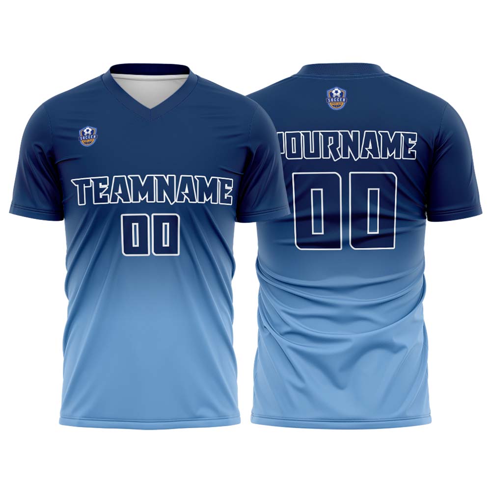 Custom Navy Light Blue Gradient Soccer Uniform Set – Personalized Jerseys for Adults & Kids