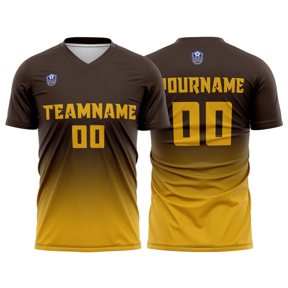 Custom Brown Gold Gradient Soccer Uniform Set – Personalized Jerseys for Adults & Kids