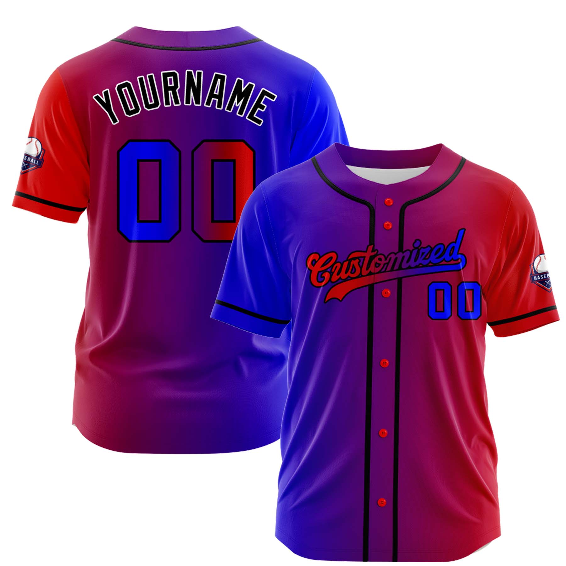 Custom Blue Red Gradient Fashion Design Full Button Authentic Baseball Jersey