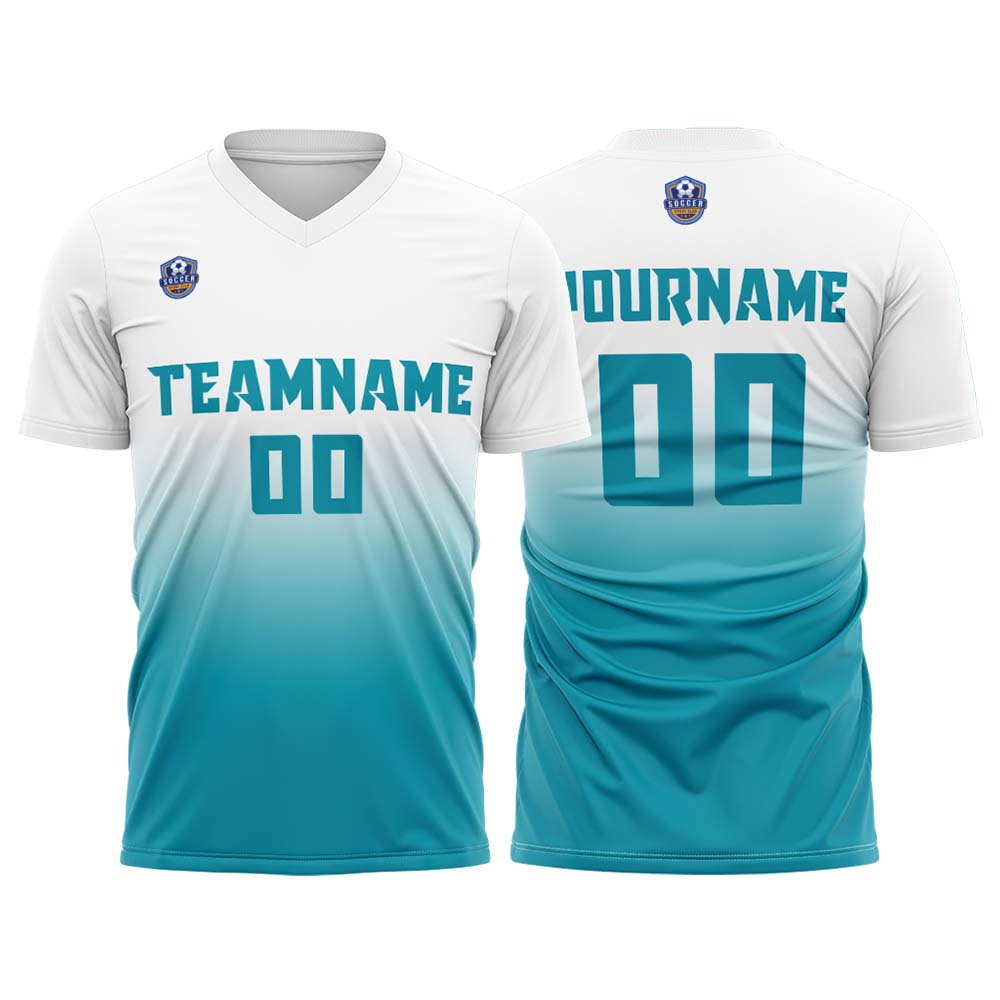 Custom White Teal Gradient Soccer Uniform Set – Personalized Jerseys for Adults & Kid