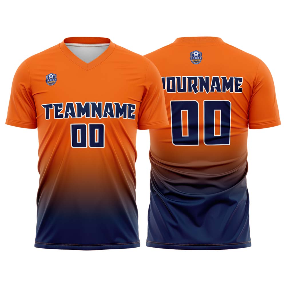 Custom Orange Navy Gradient Soccer Uniform Set – Personalized Jerseys for Adults & Kid